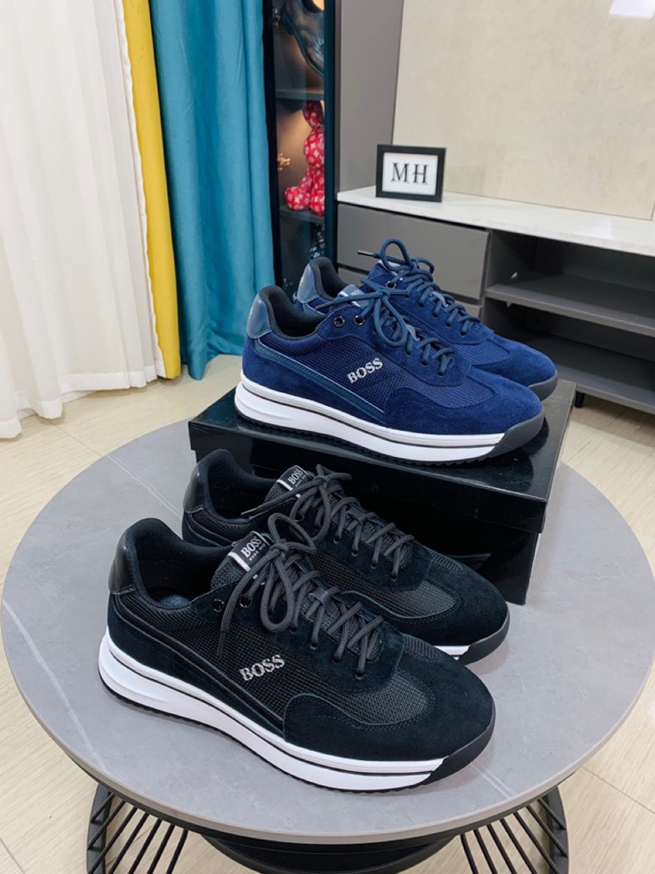 I5   boss 😘😘高端系列运动男鞋，以经典的设计成为永不落幕的时尚宠儿，经典的休闲造型。鞋面采用牛皮鞋面➕ 品牌logo点缀 彰显品牌魅力；头层真皮里[太阳][太阳]品牌专用大底，耐磨，轻便，