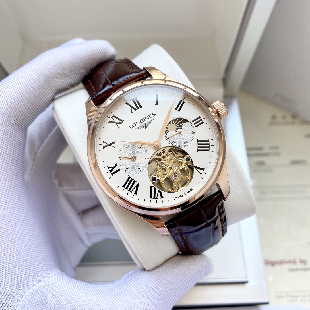 经典风格 优雅大方浪琴  Longines  男士腕表 全自动机械机芯 矿物强化玻璃 316L精钢表壳 真皮表带 时尚设计 商务休闲 尺寸:直径42mm 厚度12mm