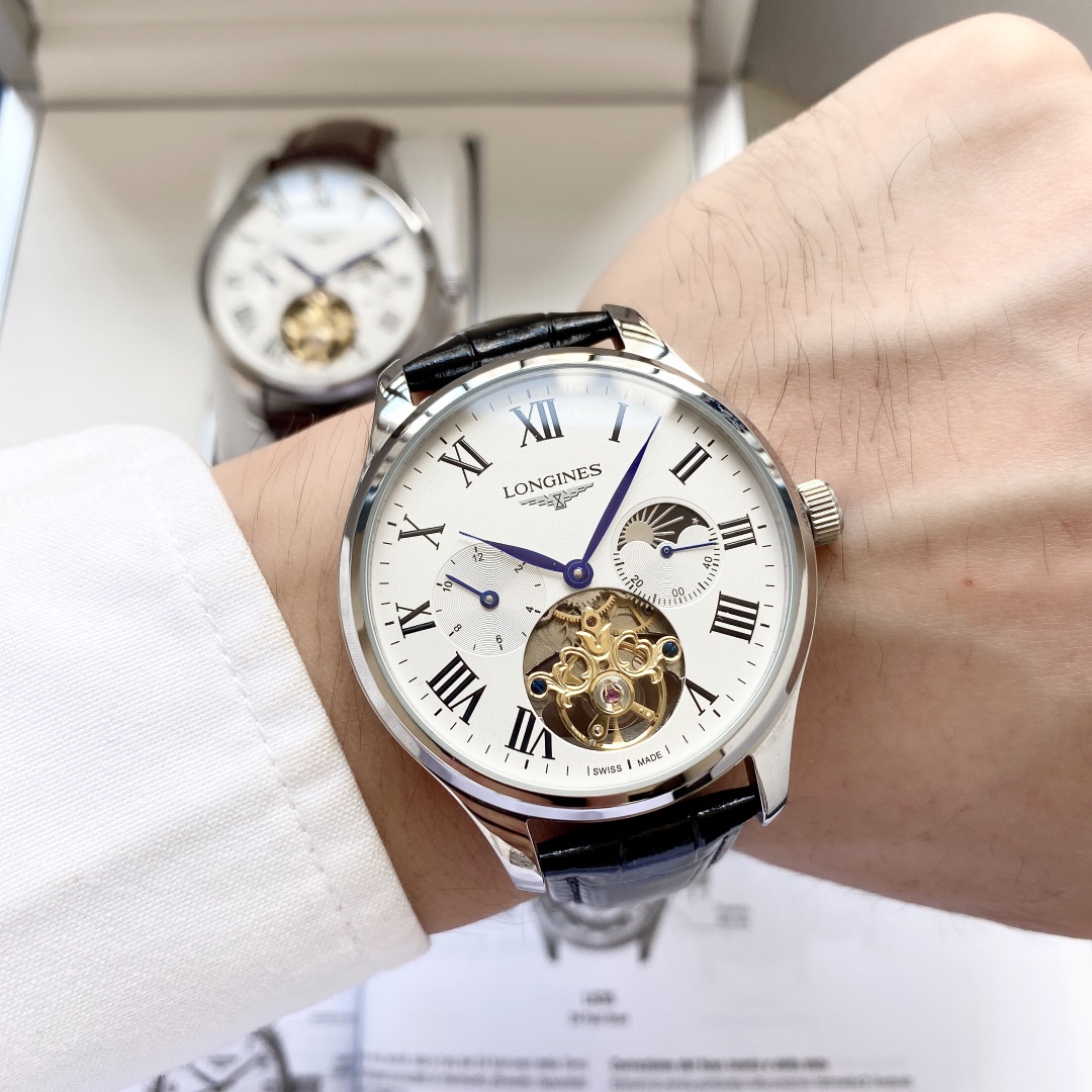 全新风格 优雅大方浪琴  Longines  男士腕表 全自动机械机芯 矿物强化玻璃 316L精钢表壳 真皮表带 时尚设计 商务休闲 尺寸:直径42mm 厚度12mm