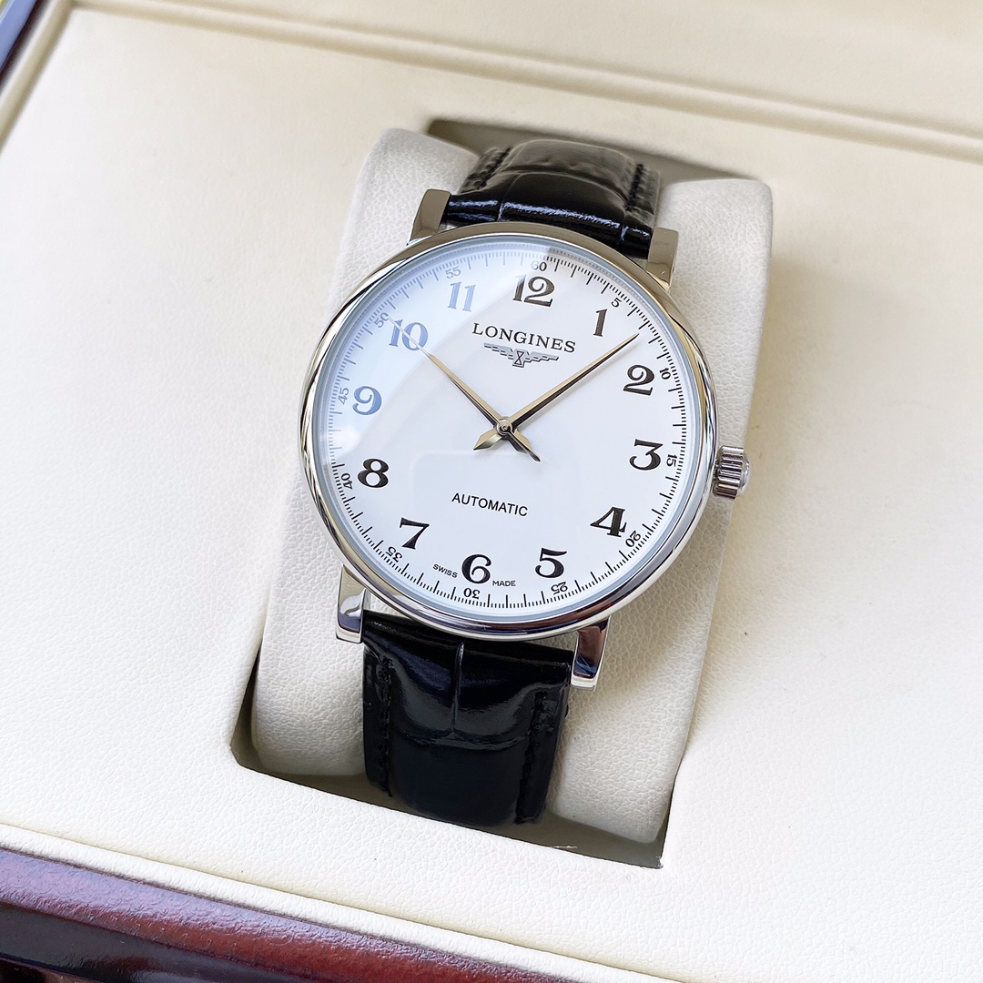 经典设计 优雅大方浪琴  Longines  男士腕表 全自动机械机芯 矿物强化玻璃 316L精钢表壳 精钢/真皮表带 简约时尚 商务休闲 尺寸:直径40mm 厚度12mm