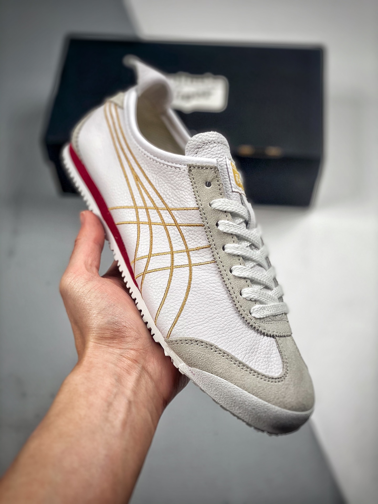 -2 Asics originales Onitsuka Tiger color vino tinto, piel de cordero de primera capa con etiqueta original, caja origin…