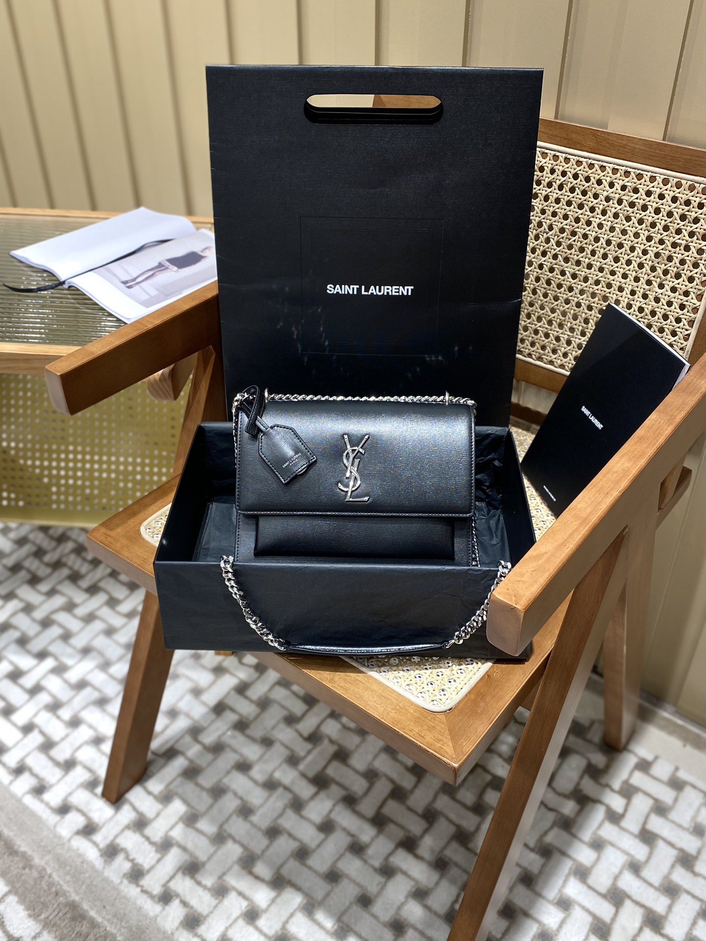 YSL Sunset 22CM 牙签纹日落包 442906黑色银扣