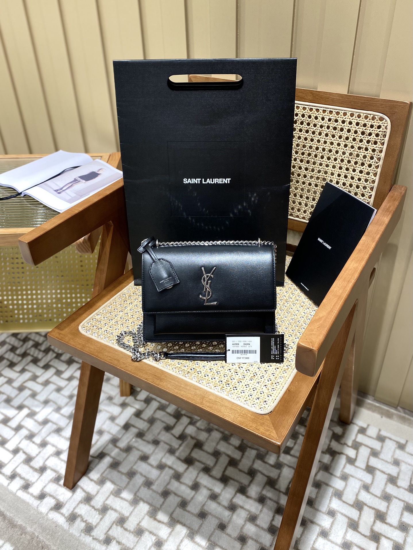 YSL Sunset 22CM 牙签纹日落包 442906黑色银扣