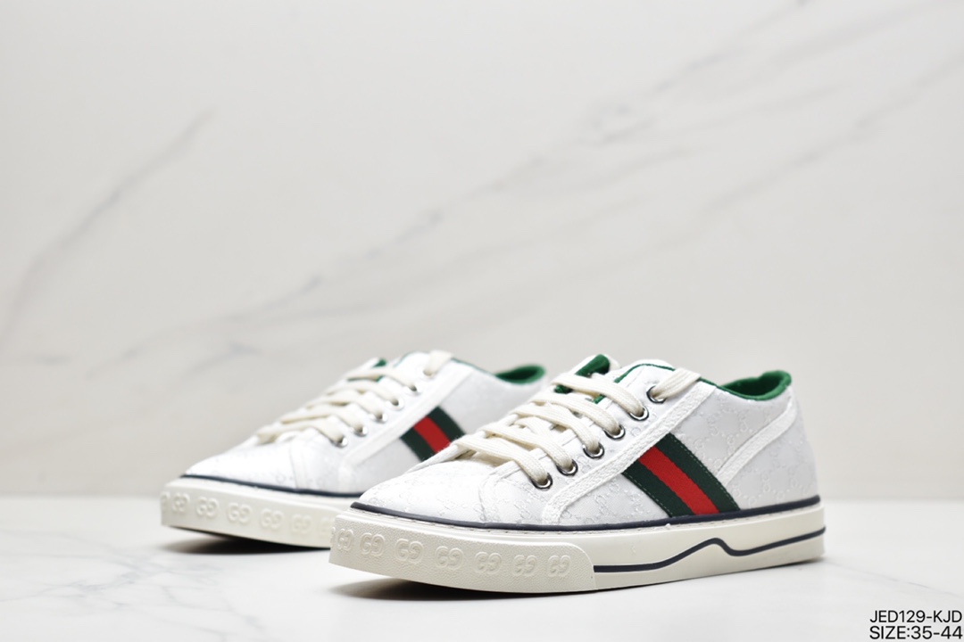 150 经典高奢品牌GUCCI古驰 Tennis 1977 Print Sneaker帆布印花复古休闲运动板鞋“斜纹帆布黄油深绿红”