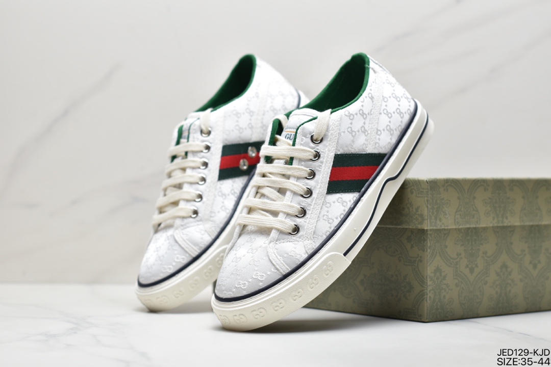 150 经典高奢品牌GUCCI古驰 Tennis 1977 Print Sneaker帆布印花复古休闲运动板鞋“斜纹帆布黄油深绿红”