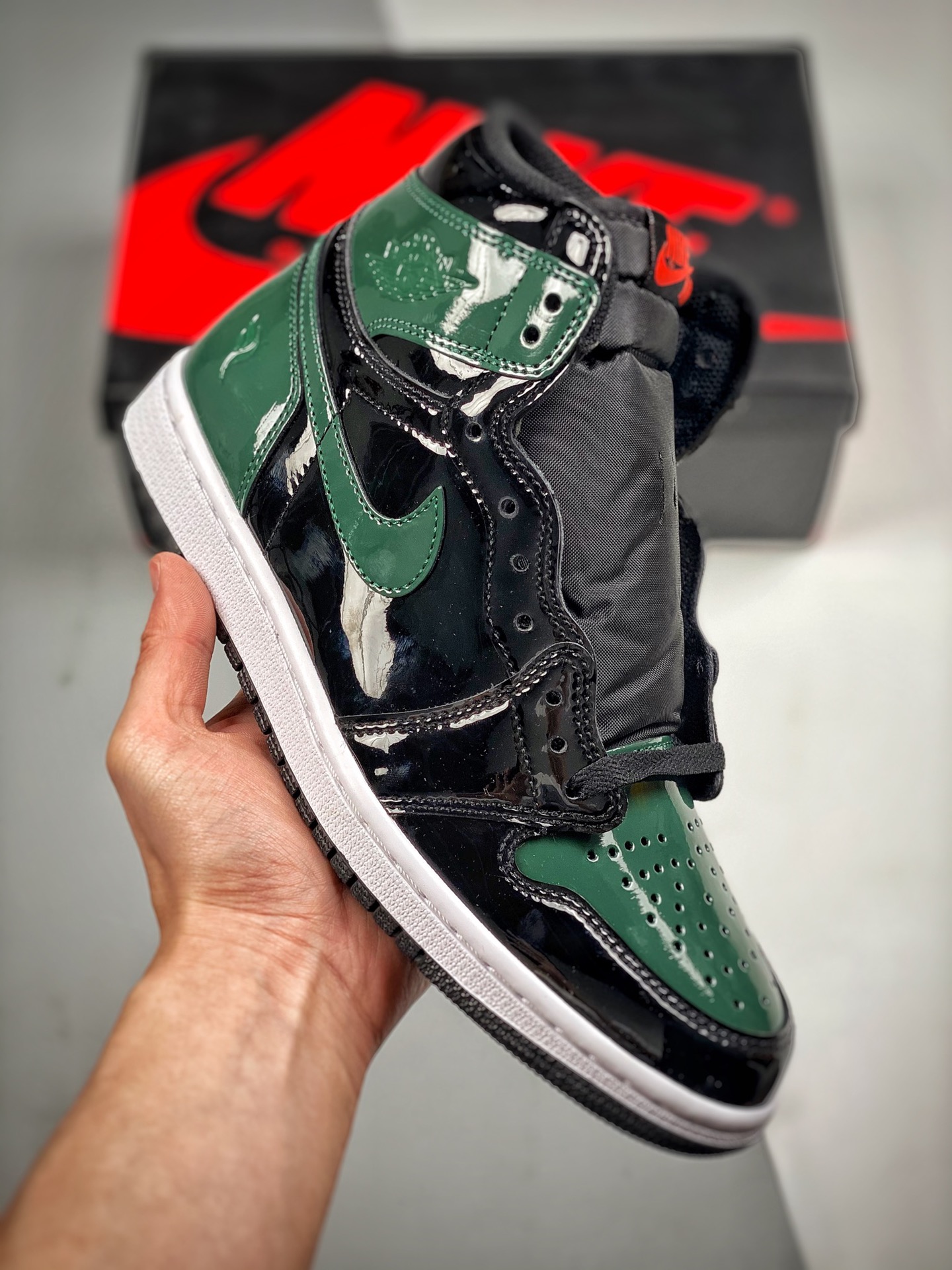 Air Jordan 1 negro/verde/naranja, charol, fabricado por una gran fábrica original, la mejor calidad en el mis…