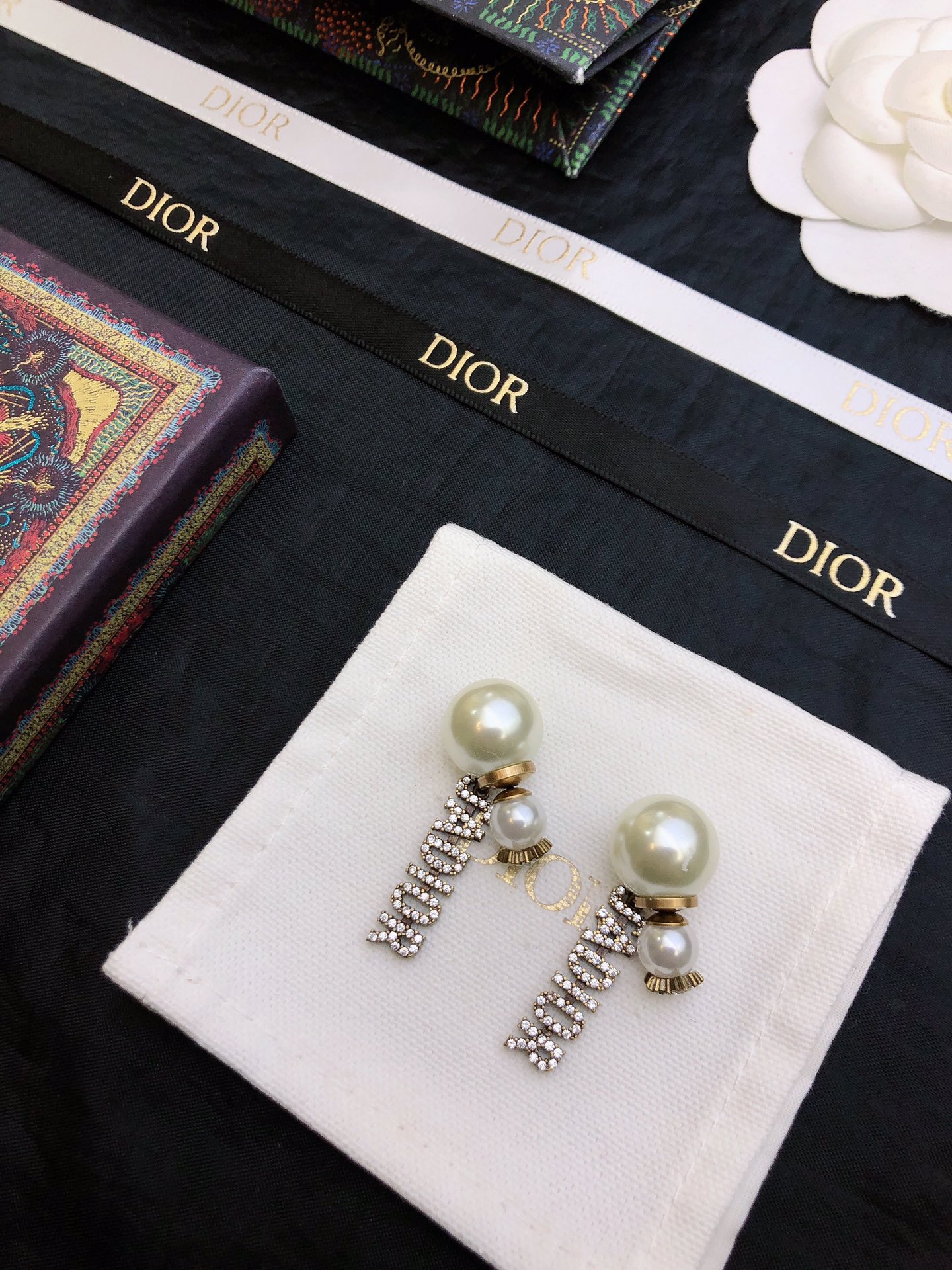 dior tribales silver pearl letter earrings