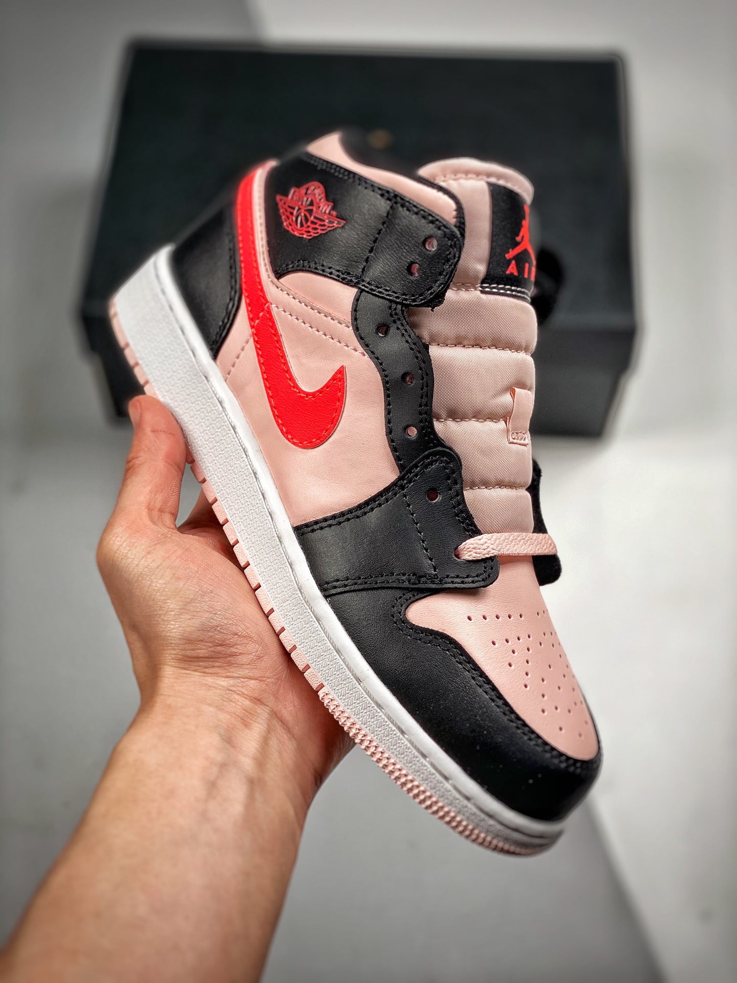 -4 Versión de verificación Air Jordan 1 Mid negro/rojo/rosa, la mejor calidad de media caña en el mercado, calidad de t…
