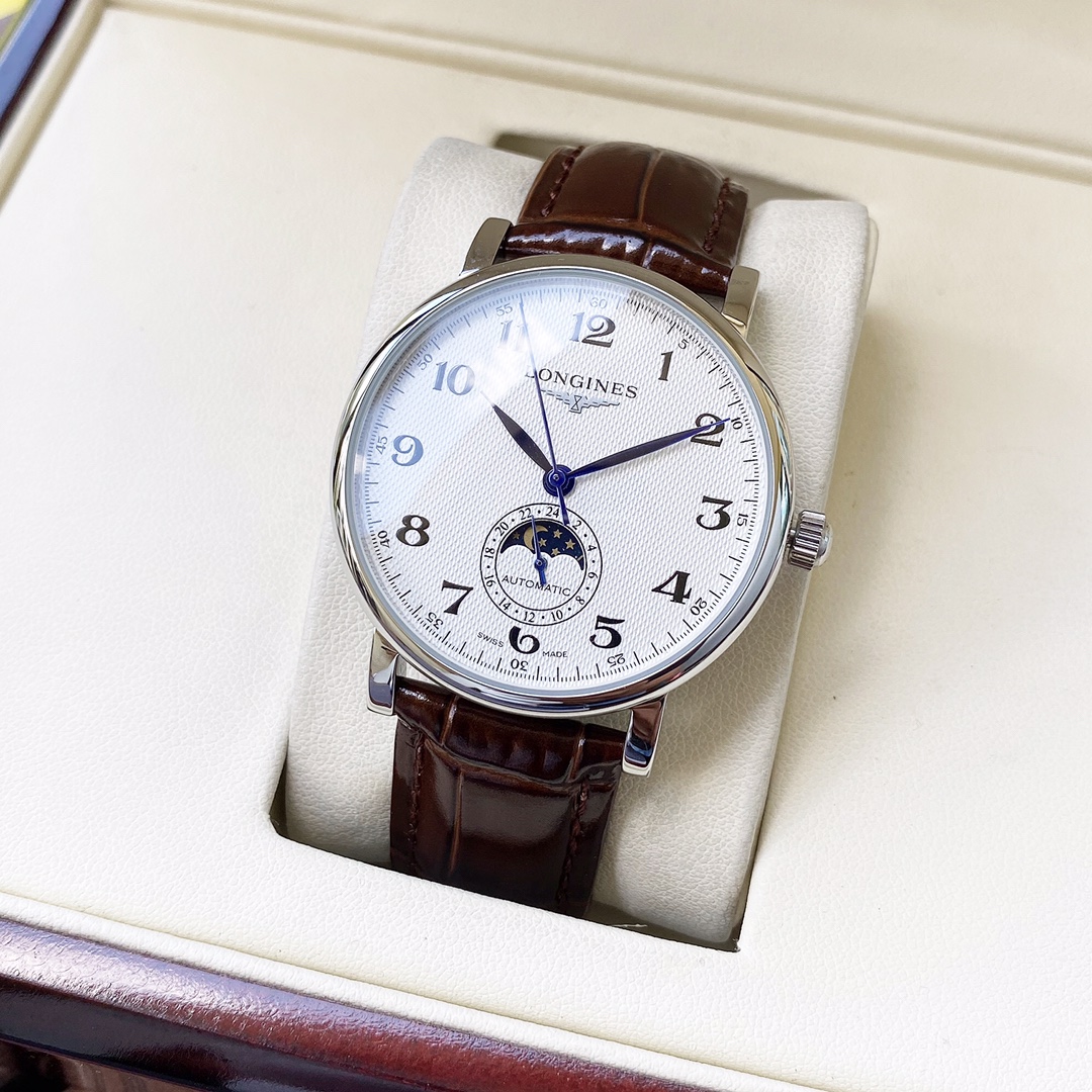 皮带，钢带。独家推荐 经典热卖浪琴  Longines  男士腕表 全自动机械机芯 矿物强化玻璃 316L精钢表壳 真皮/精钢表带 简约风格 商务休闲 尺寸:直径40mm 厚度12mm