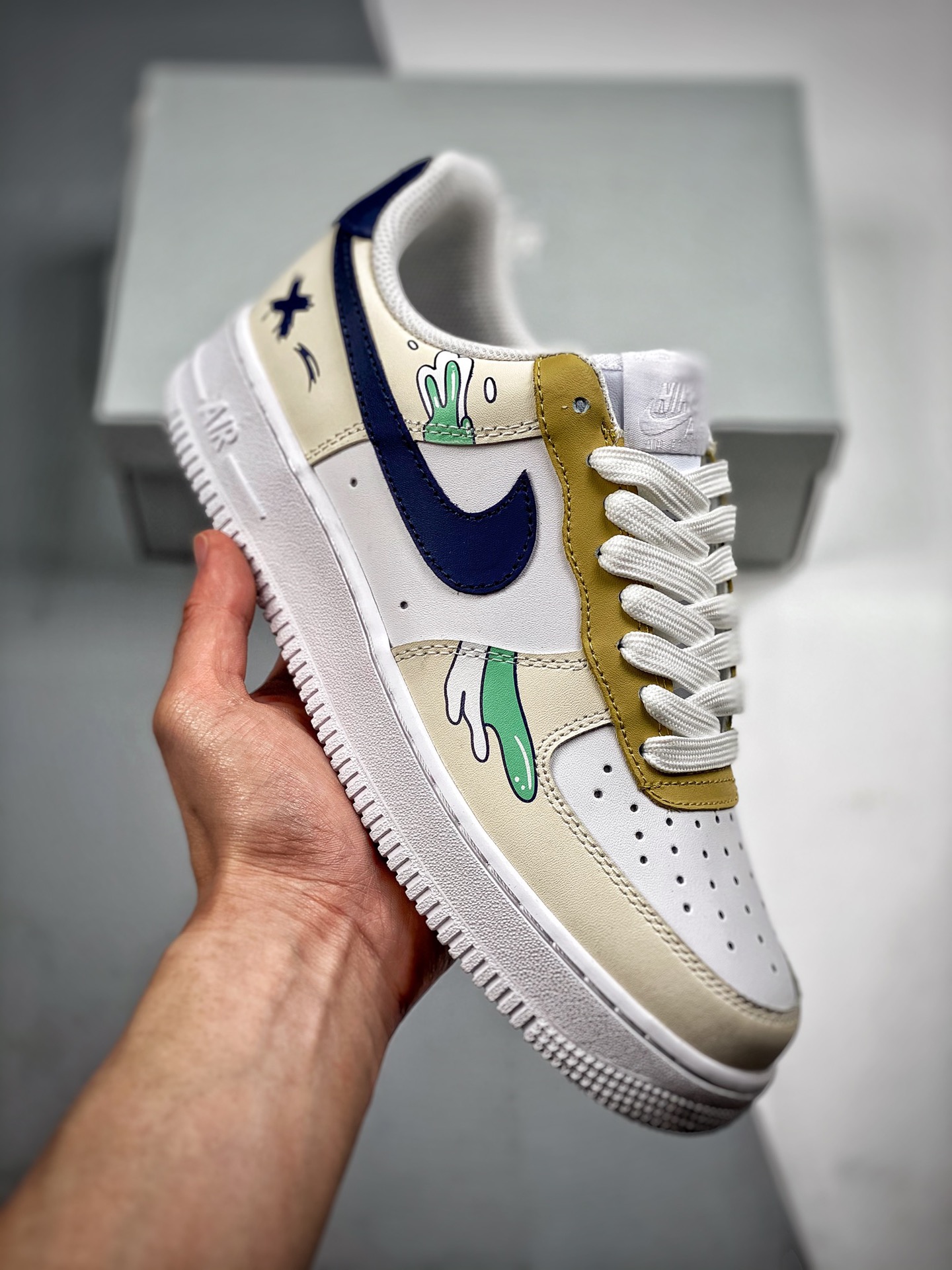 -3 Nk Air Force 1 '07 Grafiti blanco negro y amarillo, Air Force 1 zapatillas casuales de skate. Cuero personalizado, h…