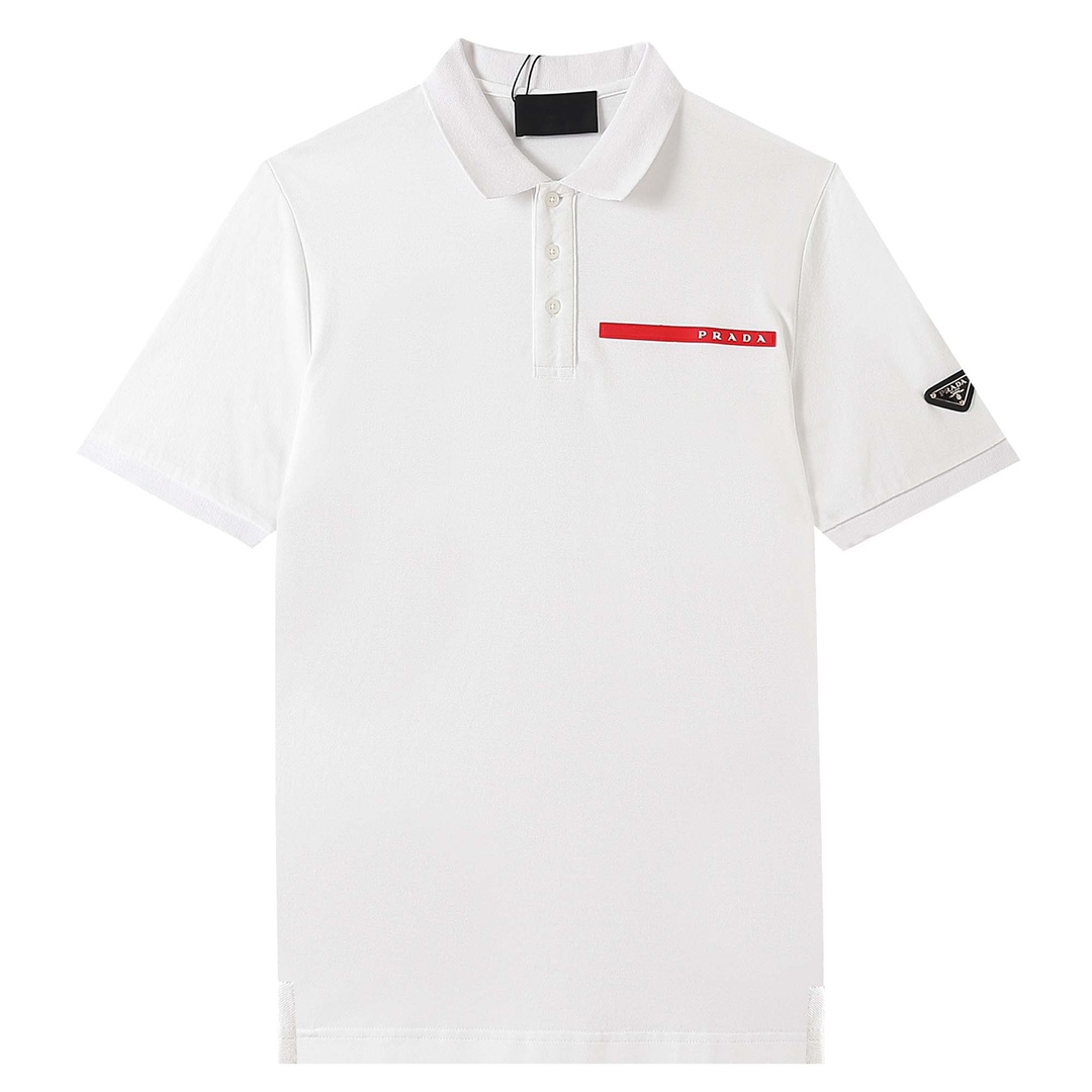 PRAD Prada*2023SS primavera/verano polo con cuello nuevo, etiqueta de piel roja con letras en el pecho, insignia triang…