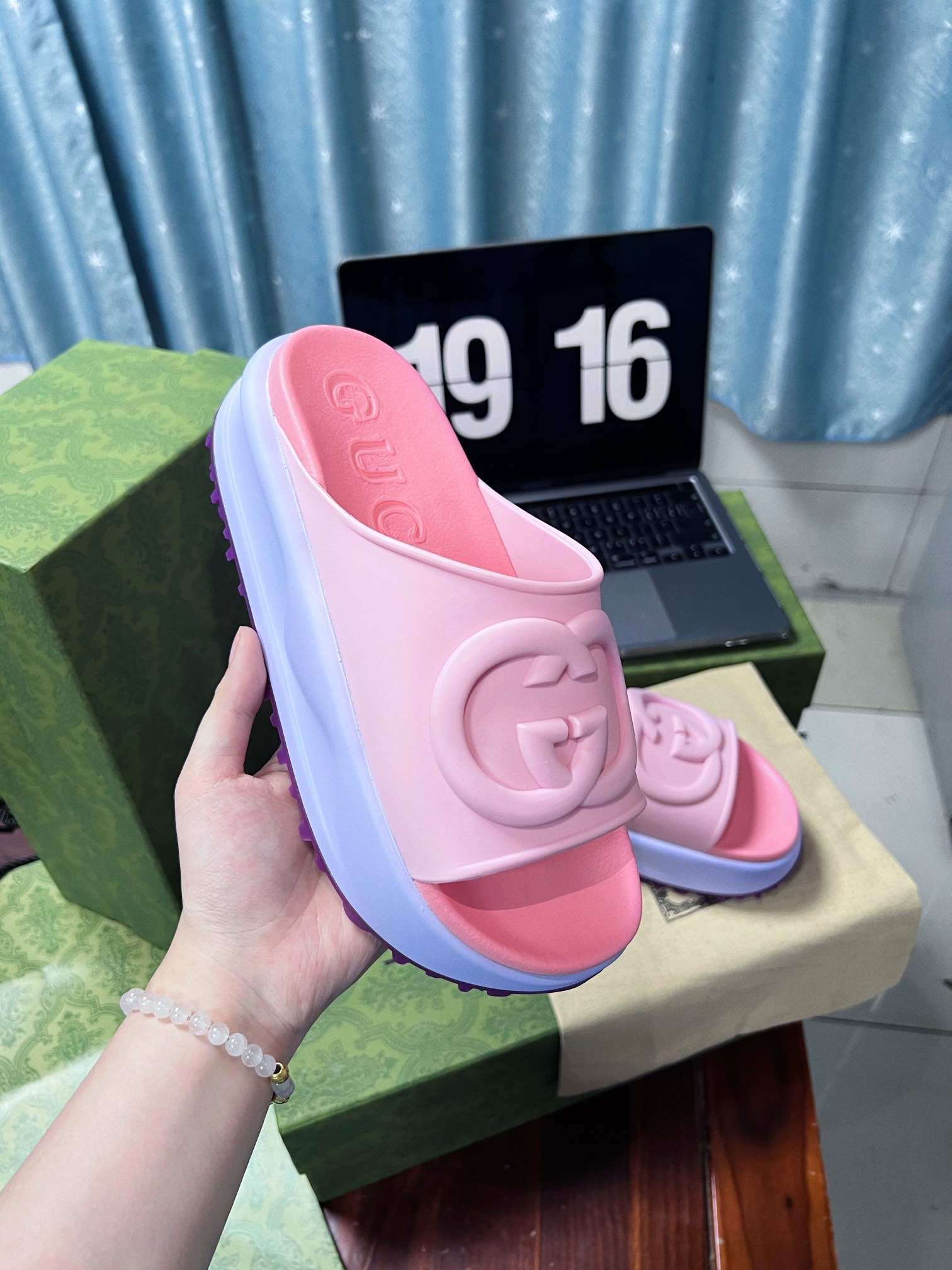 . Gucci Miami 2022 verano color macarrón zapatillas de fondo grueso Cómodo y versátil, color macarró