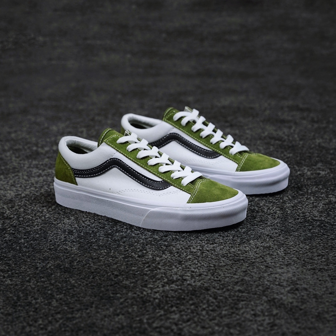 G0 VANS Style 36 牛油果绿鞋头采用麂皮牛油果绿一直延伸至鞋带扣，侧面采用白色帆布，搭配黑色皮质Logo点缀，华夫底菱格纹增加抓地力，为滑板助力穿上这款牛油果绿，过一个绿色清新的夏天吧小红书爆款 得物(毒)推荐 官方