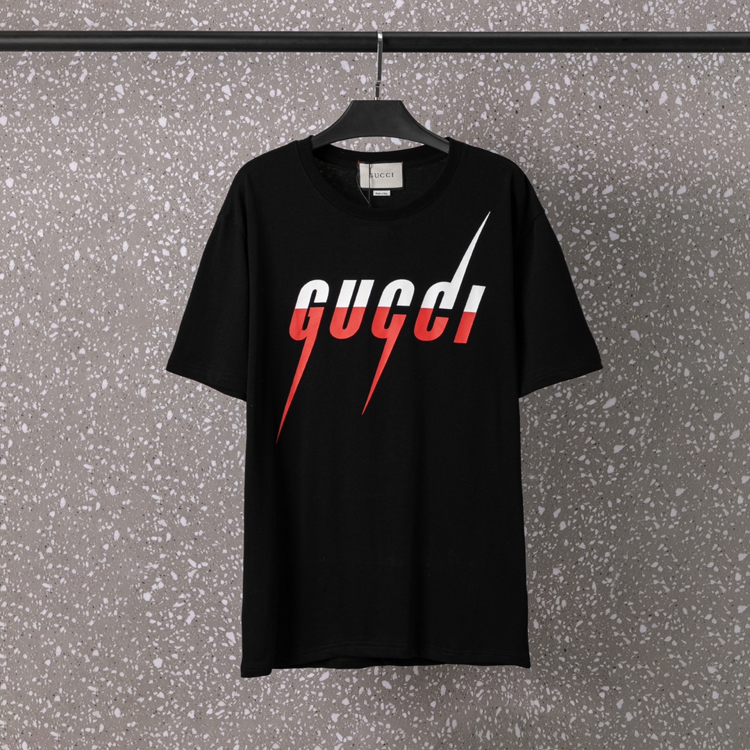 607#Gucci（男女同款）32S双纱爽全棉270克重高品质数码直喷闪电双色工艺-颜色黑/杏-码数XS
