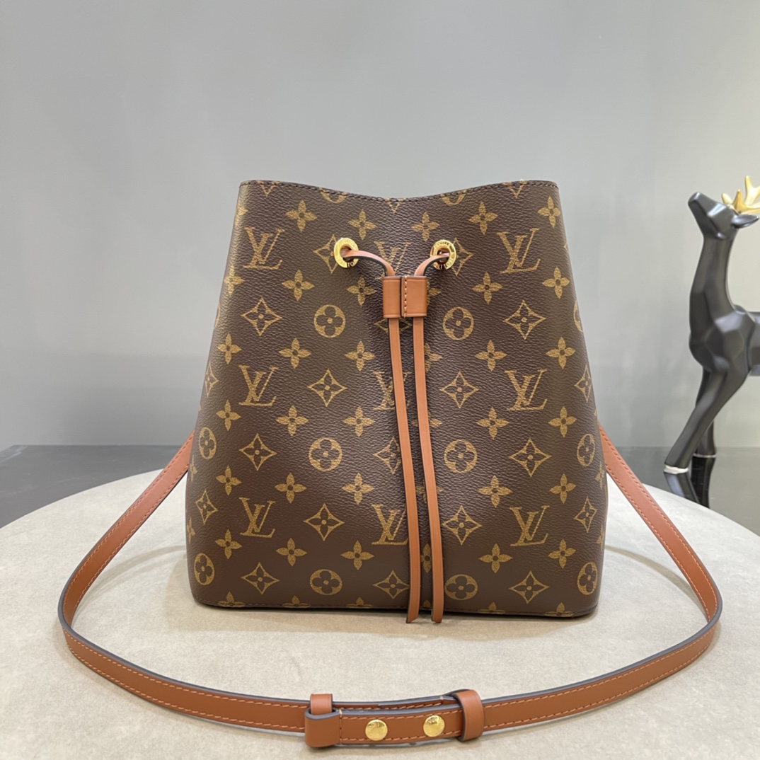 Louis Vuitton LV NeoNoe Bucket Bags Caramel Gold Monogram Canvas Calfskin Cowhide Spring Collection M44887