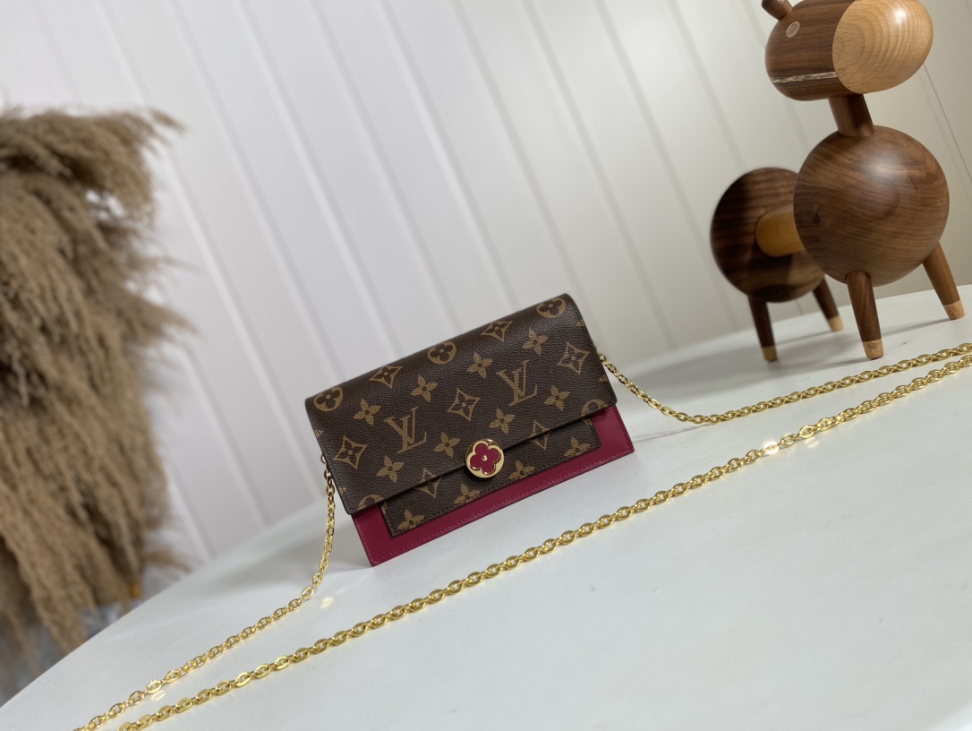 The Online Shopping
 Louis Vuitton LV Flore Wallet Purple Red Splicing Monogram Canvas Calfskin Cowhide Chains M67405