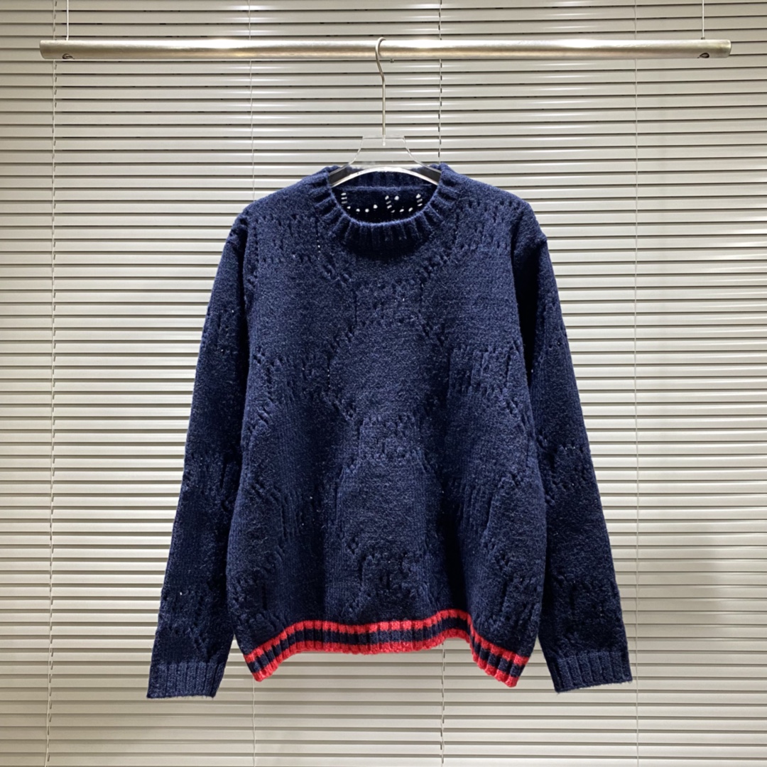 Suéter de cuello redondo de punto calado con doble G de Gucci, color: azul, tallas: S M L XL XXL