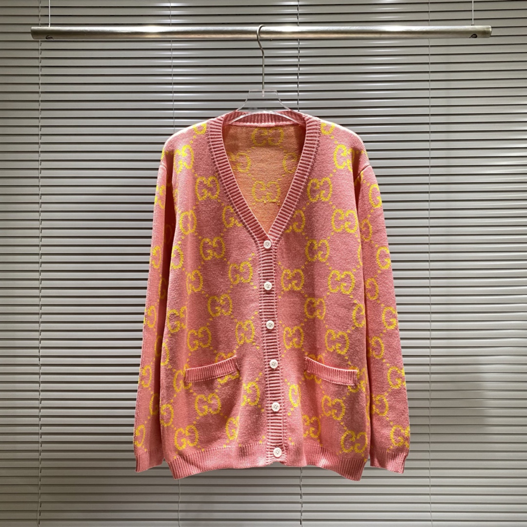 Cárdigan de punto con logo de doble G en toda la prenda de Gucci, color: azul, verde, rosa, tallas: S M L XL XXL