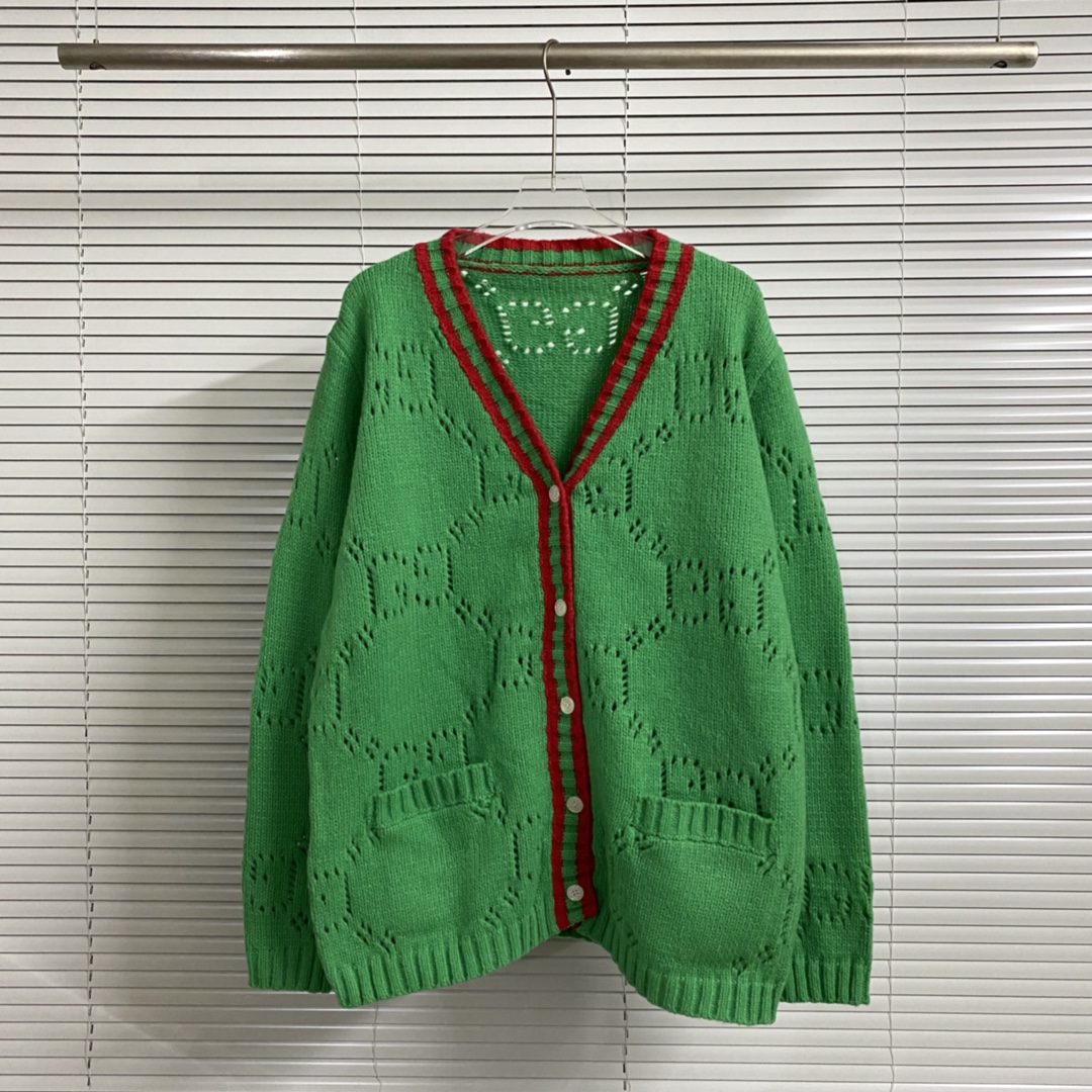 Cárdigan de punto calado con doble G de Gucci, color: azul, verde, tallas: S M L XL XXL