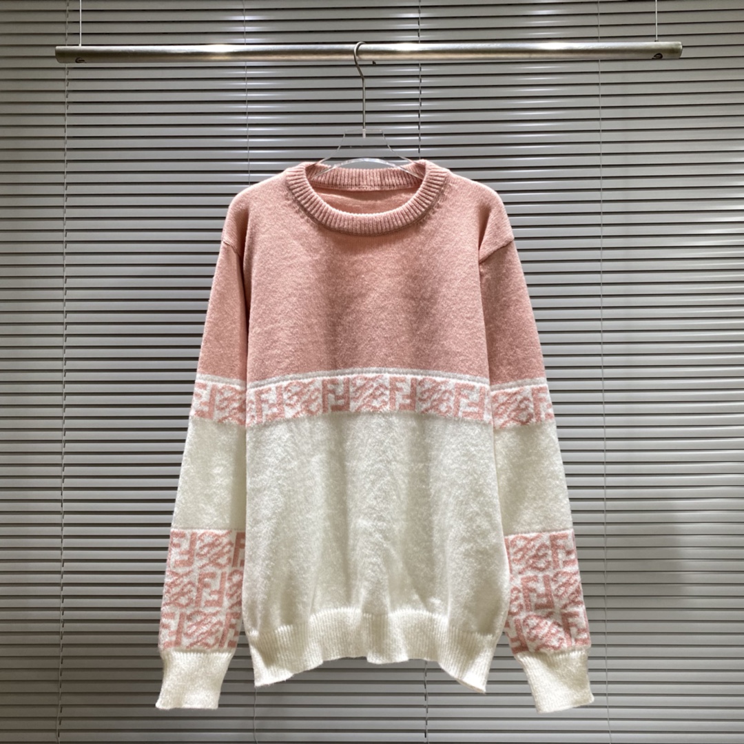 Fendi FD color-blocked letter logo jacquard crew neck sweater, colors: yellow, pink, sizes: S M L XL XXL