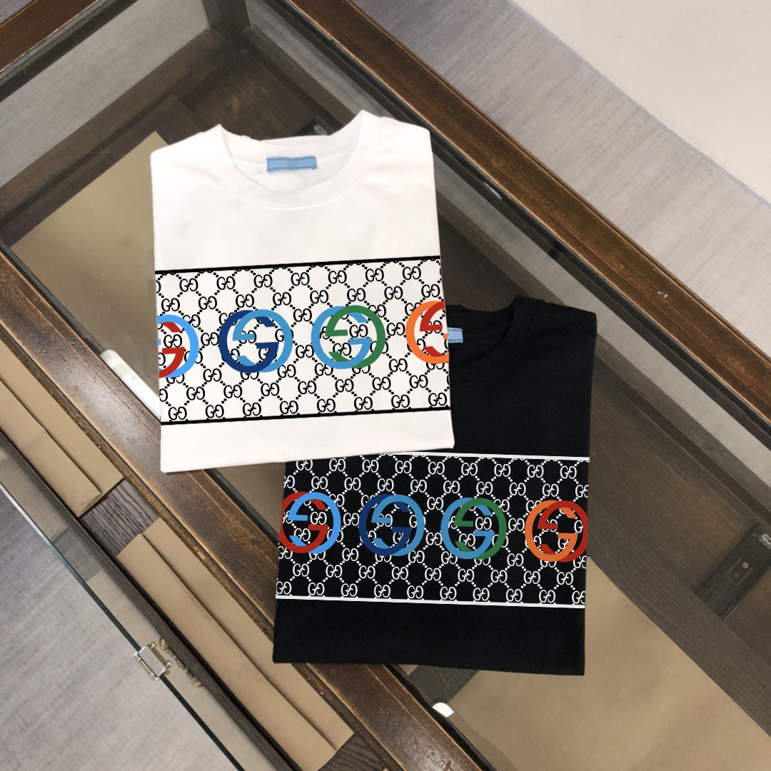 Gucci Clothing T-Shirt Black White Men Cotton Summer Collection Fashion Short Sleeve