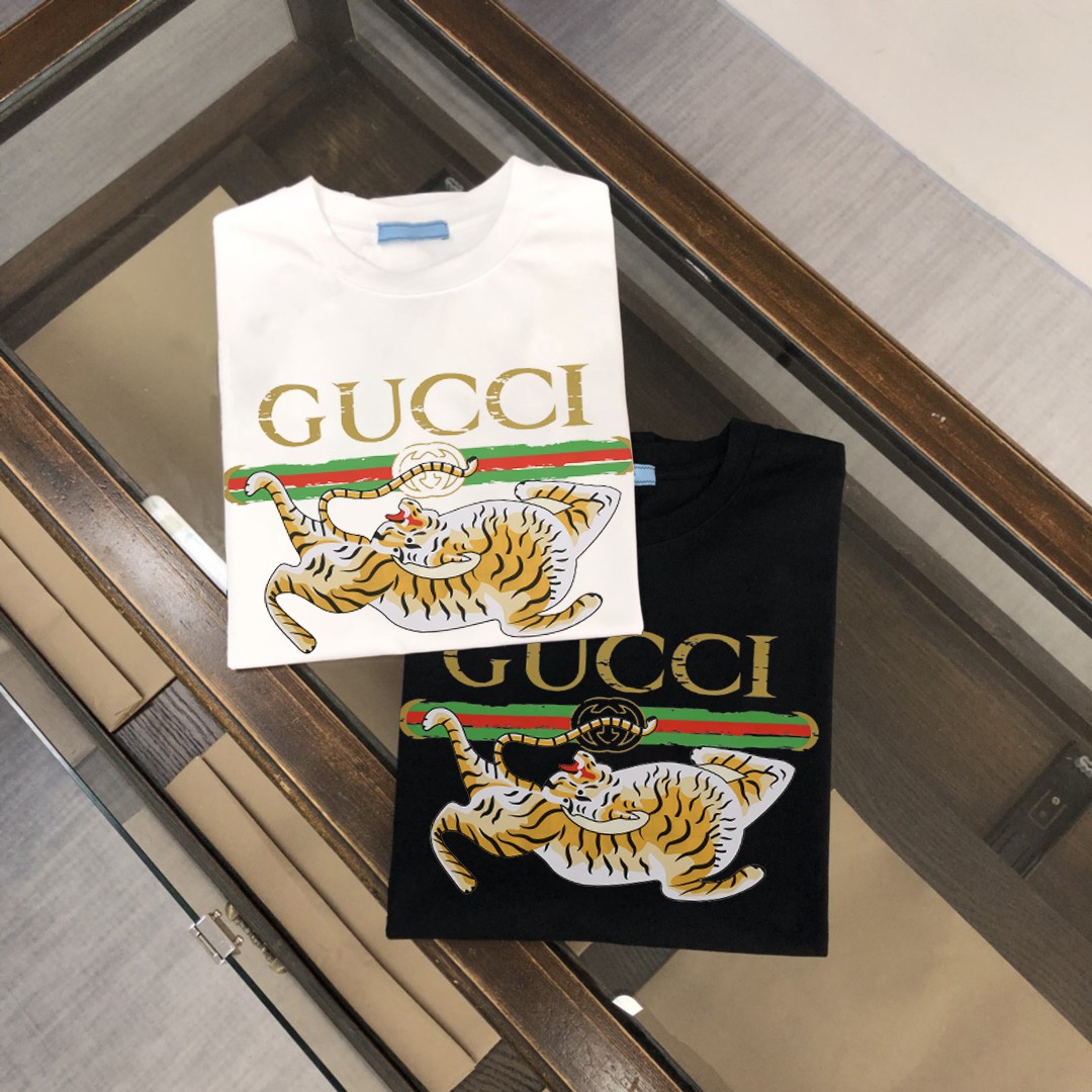 Gucci Clothing T-Shirt Black White Men Cotton Summer Collection Fashion Short Sleeve