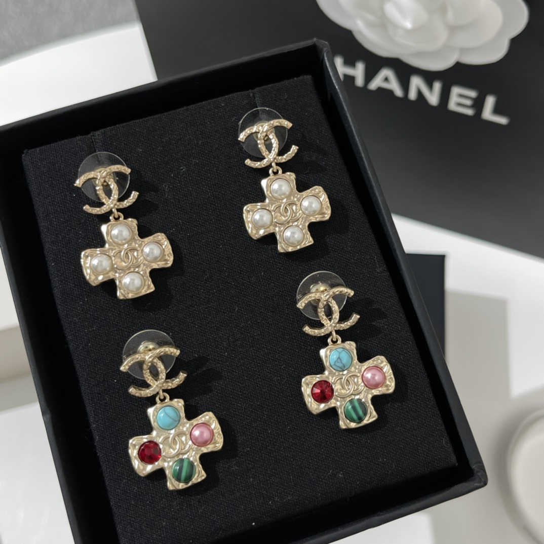 新款☑️CHANEL香奈儿双c十字珍珠耳钉耳环