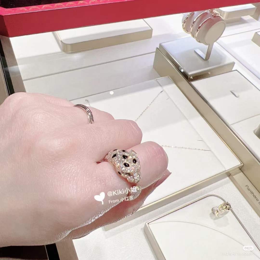 Cartier Cartier 高‮珠级‬宝系列 银‮满色‬钻豹‮戒子‬指