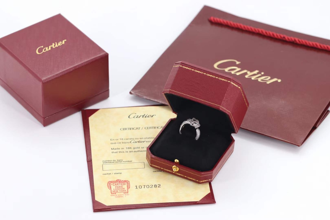 Cartier Cartier 高‮珠级‬宝系列 银‮满色‬钻豹‮戒子‬指