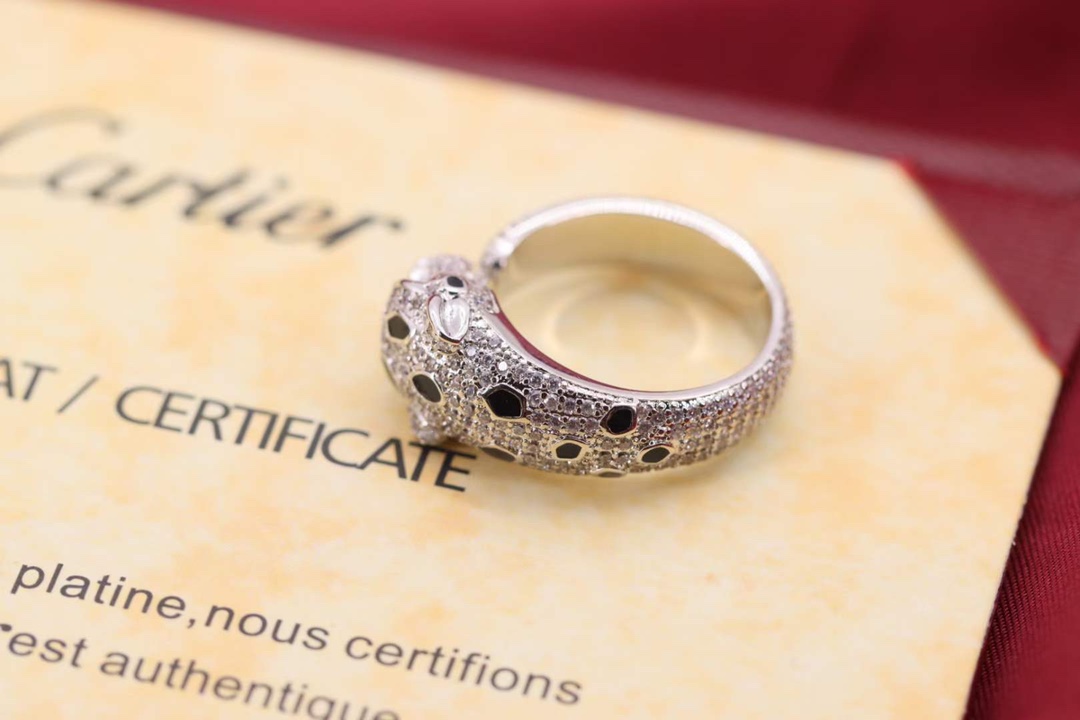 Cartier Cartier 高‮珠级‬宝系列 银‮满色‬钻豹‮戒子‬指