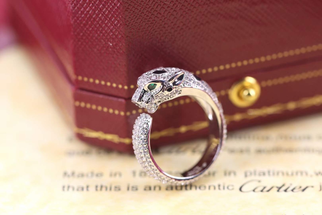 Cartier Cartier 高‮珠级‬宝系列 银‮满色‬钻豹‮戒子‬指