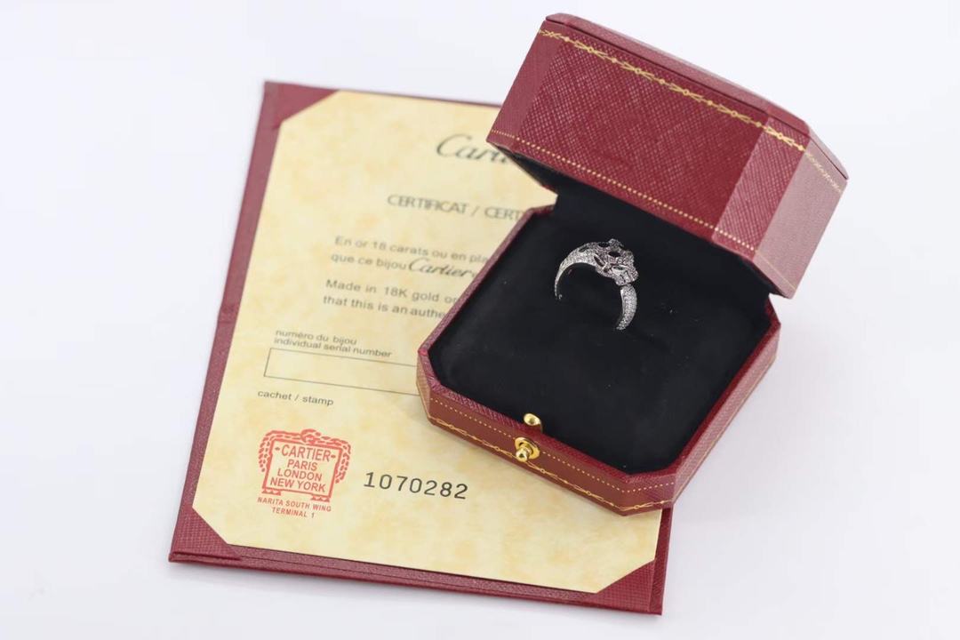 Cartier Cartier 高‮珠级‬宝系列 银‮满色‬钻豹‮戒子‬指