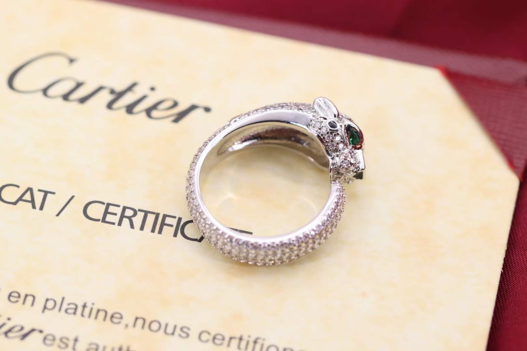 Cartier Cartier 高‮珠级‬宝系列 银‮满色‬钻豹‮戒子‬指