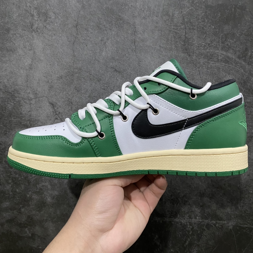 图片[2]-纯原版Air Jordan AJ1 Low 白绿解构绑带低帮 原厂内置气垫魔块 头层小牛皮 裁片清洁度超高 鞋舌AJ原厂专用牛津布+AJ专用反口珍珠布+原厂无杂质高弹内里海棉+特殊封边弹力鞋带 尺码：36 36.5 37.5 38 38.5 39 40 40.5 41 42 42.5 43 44 44.5 45 46-选品中心