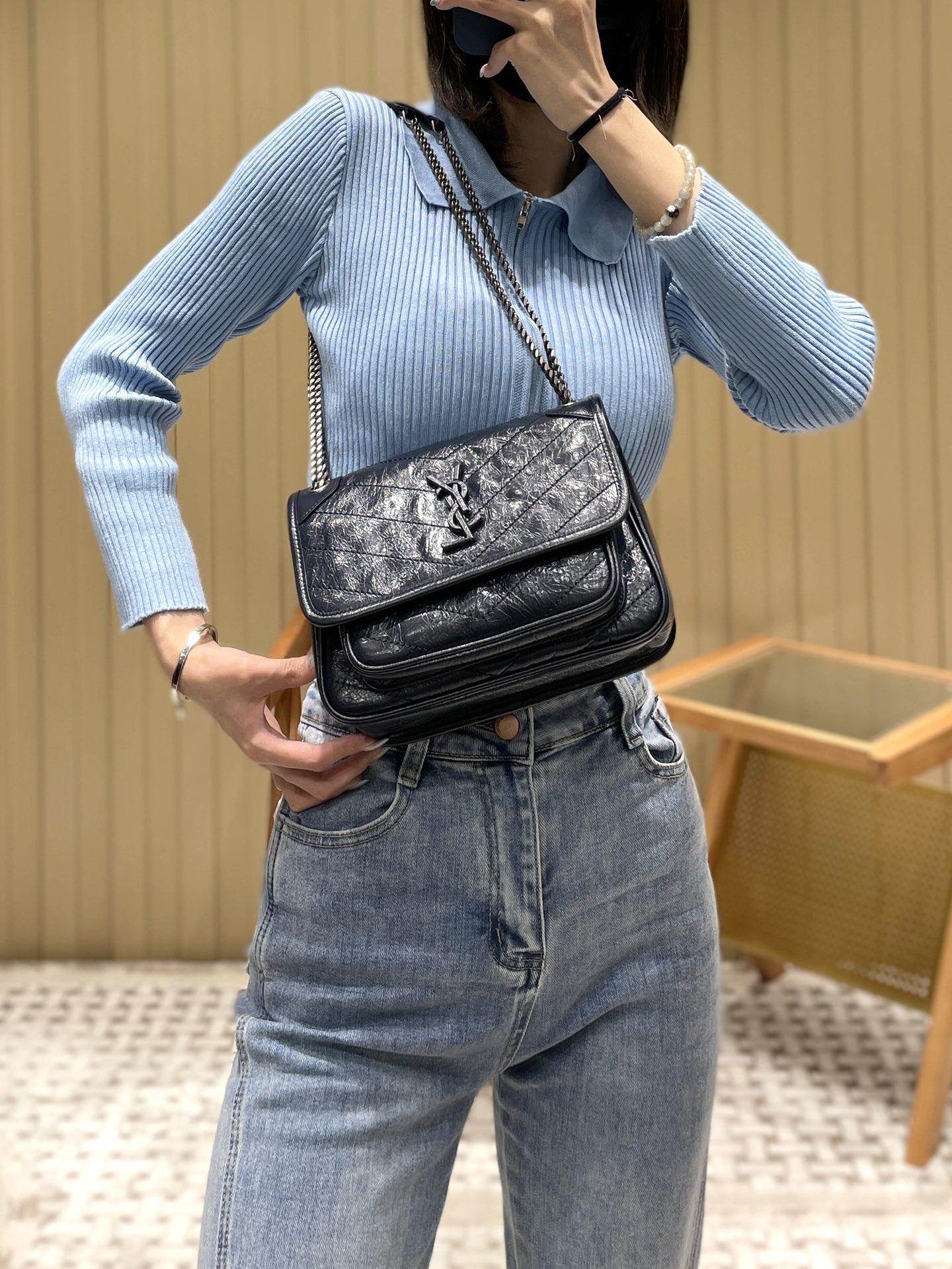 YSL Niki 22CM 邮差包 633151藏蓝色