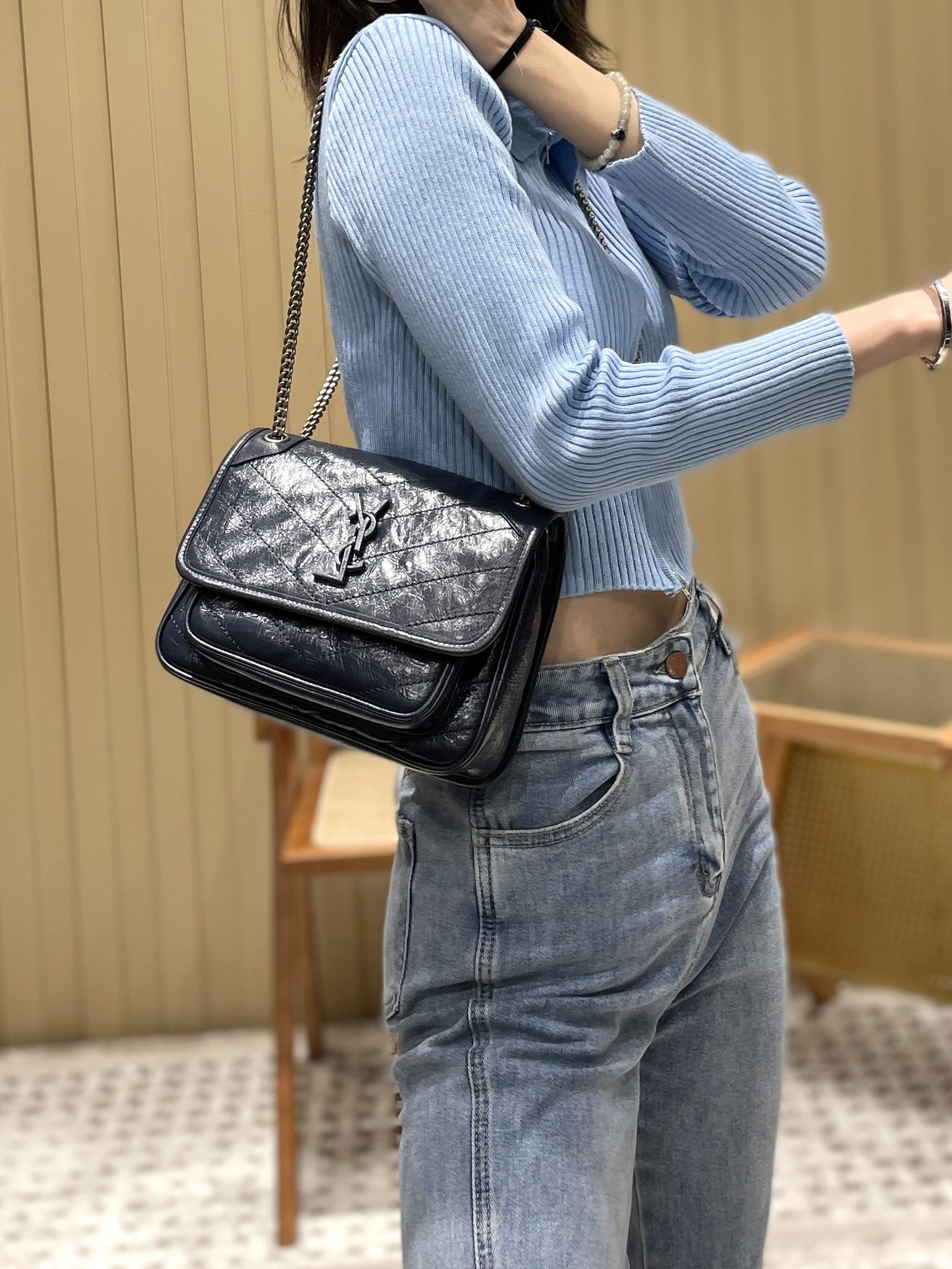 YSL Niki 22CM 邮差包 633151藏蓝色