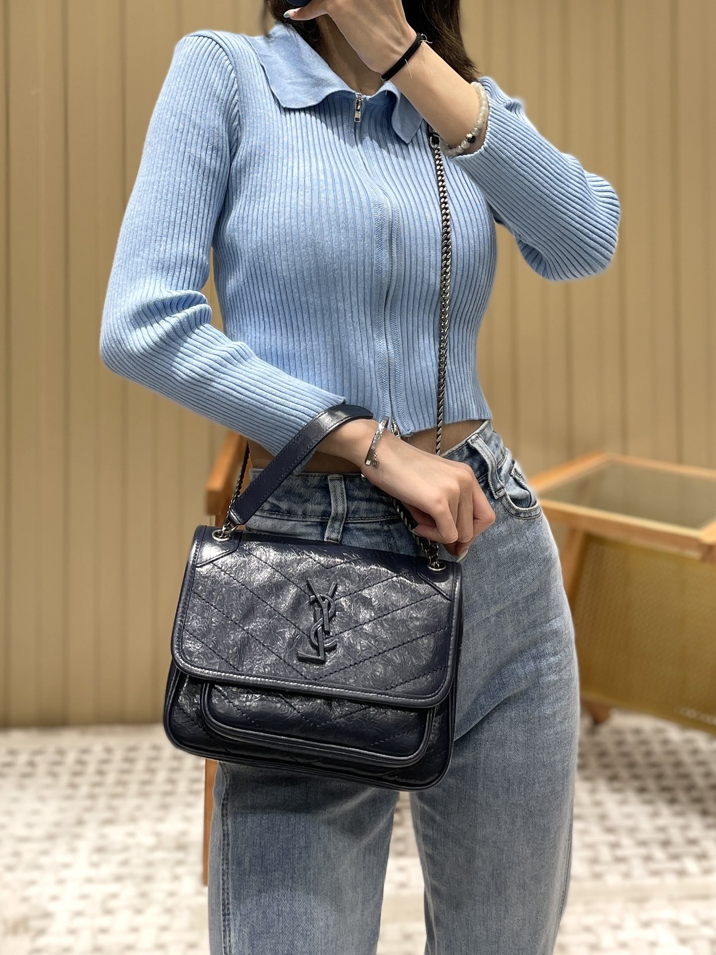 YSL Niki 22CM 邮差包 633151藏蓝色