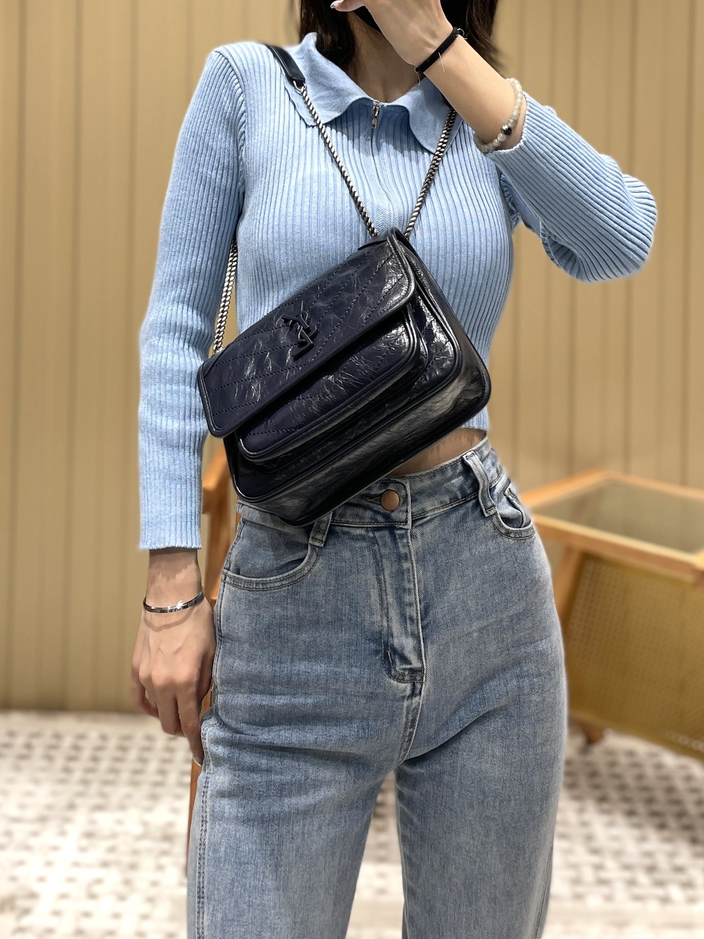 YSL Niki 22CM 邮差包 633151藏蓝色