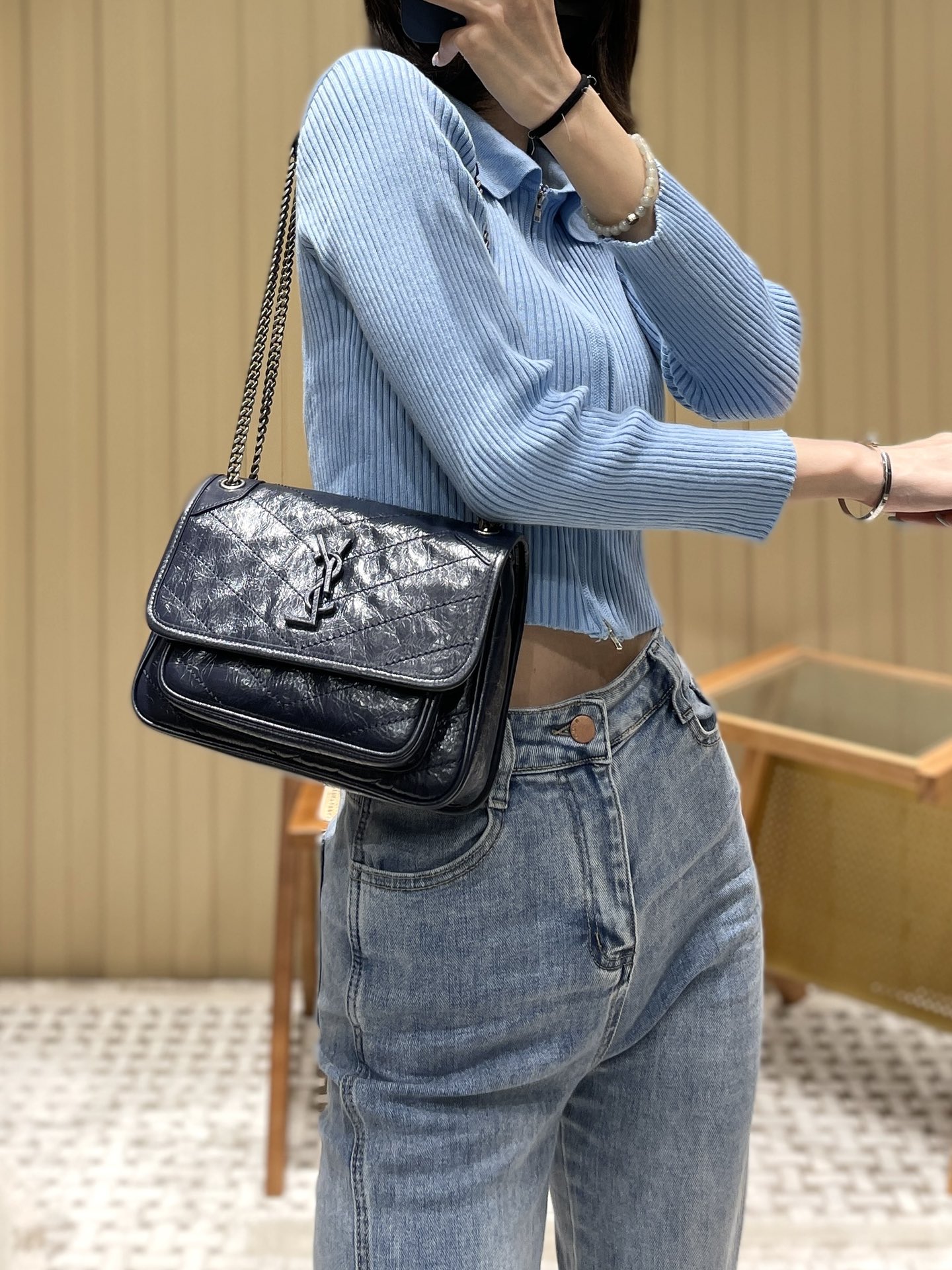 YSL Niki 22CM 邮差包 633151藏蓝色