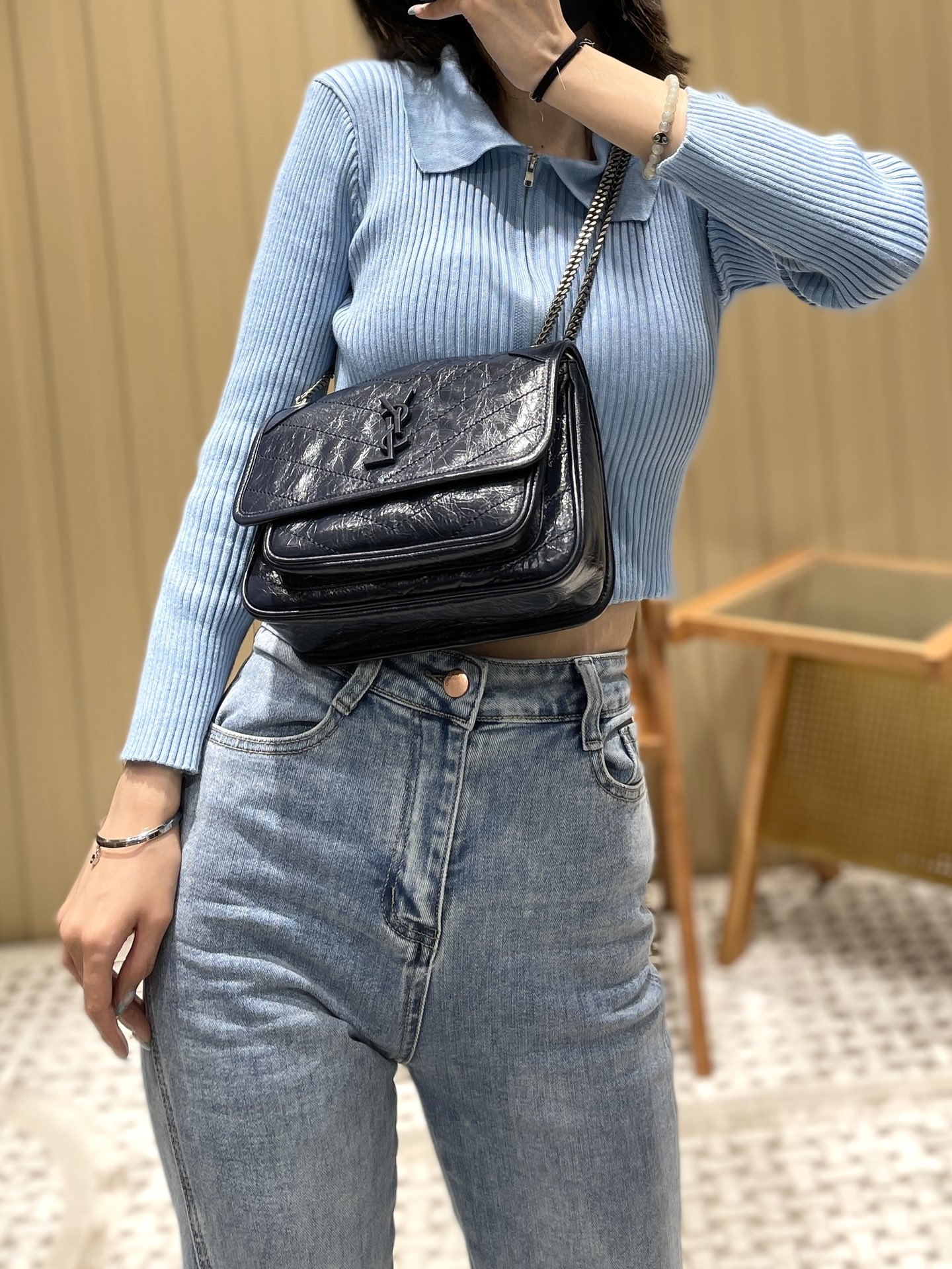 YSL Niki 22CM 邮差包 633151藏蓝色