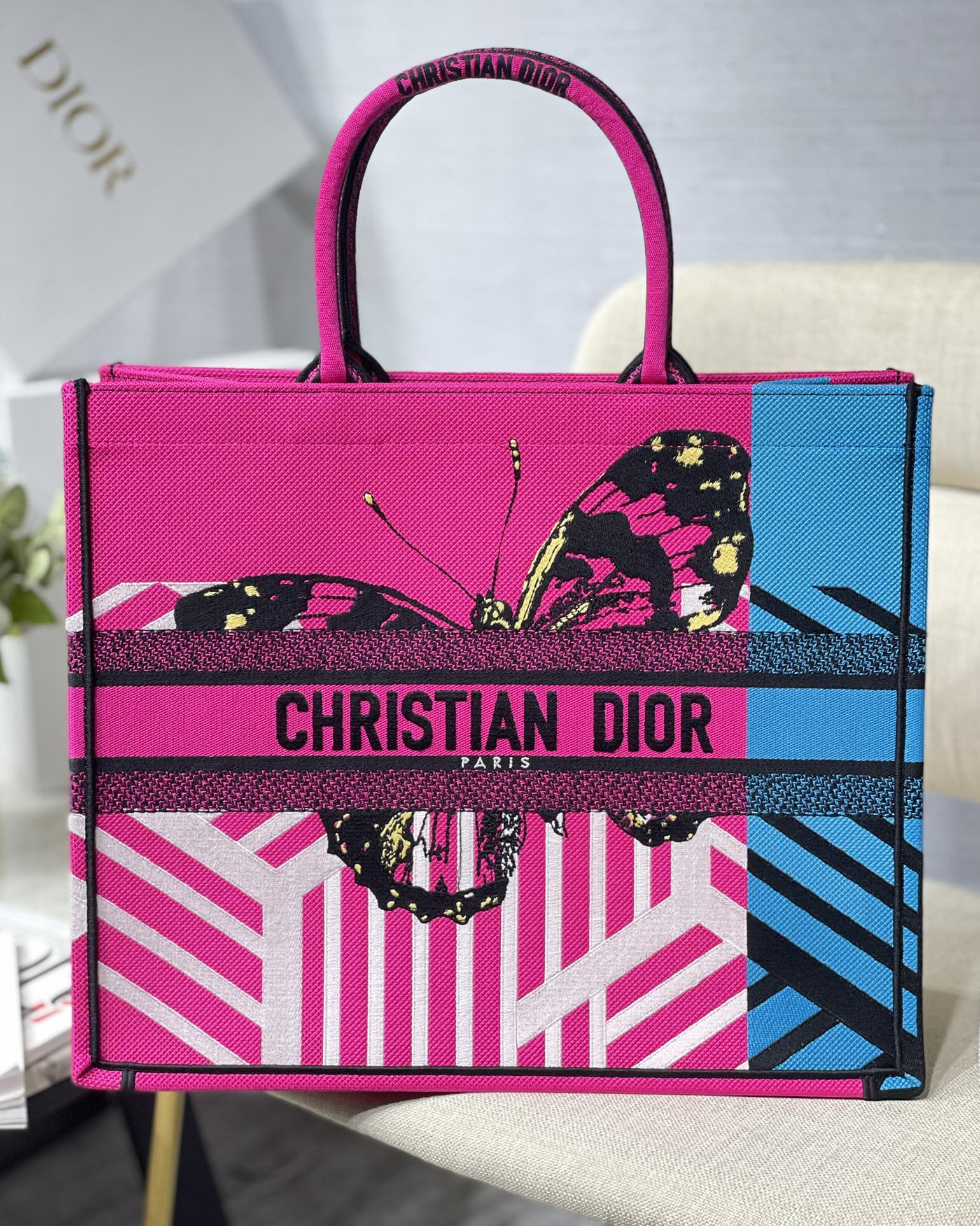 Dior Book Tote Colorful Butterfly Embroidery Canvas Handbag Tote Bag