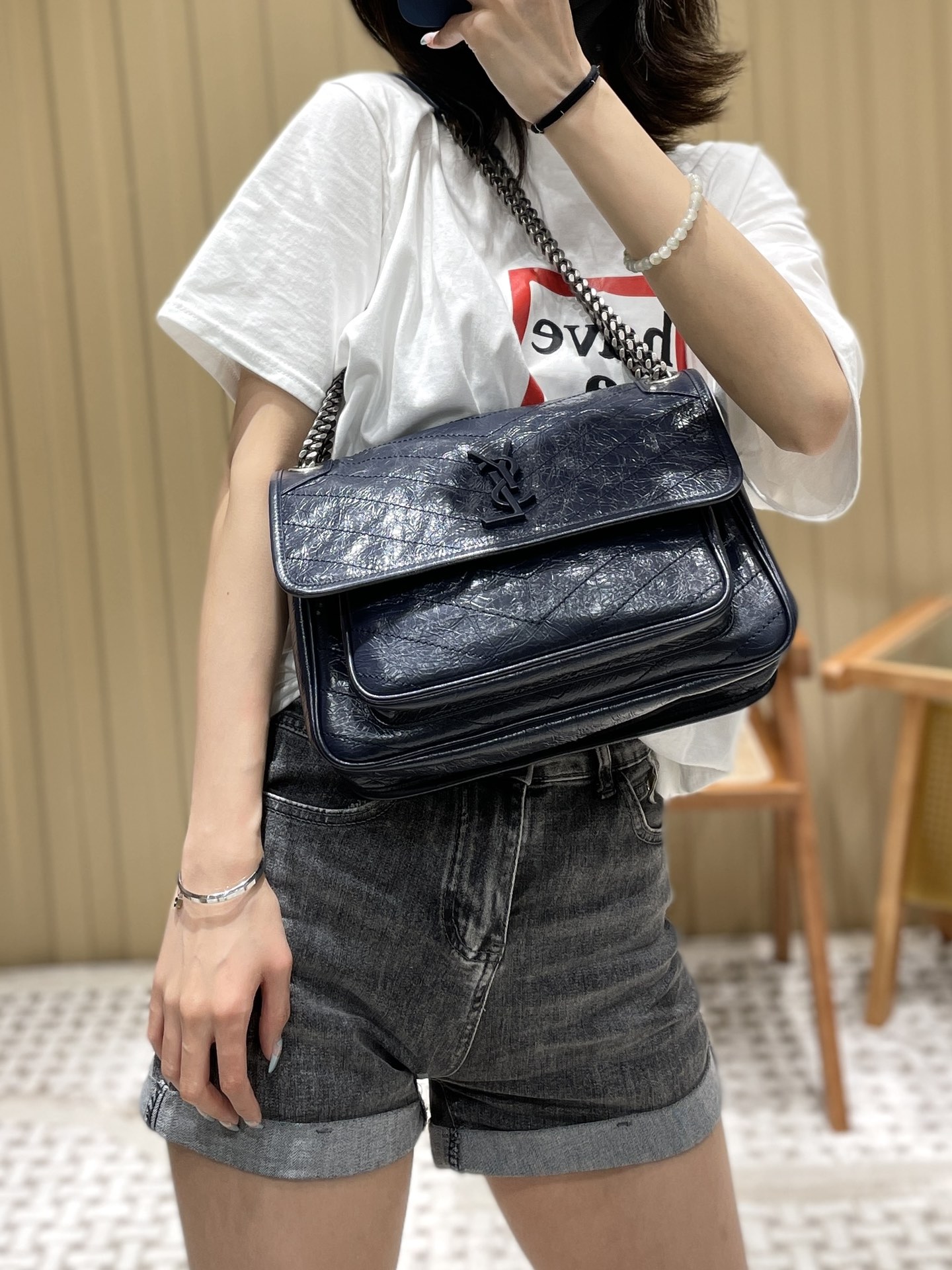 YSL Niki 28CM 邮差包 633158藏蓝色