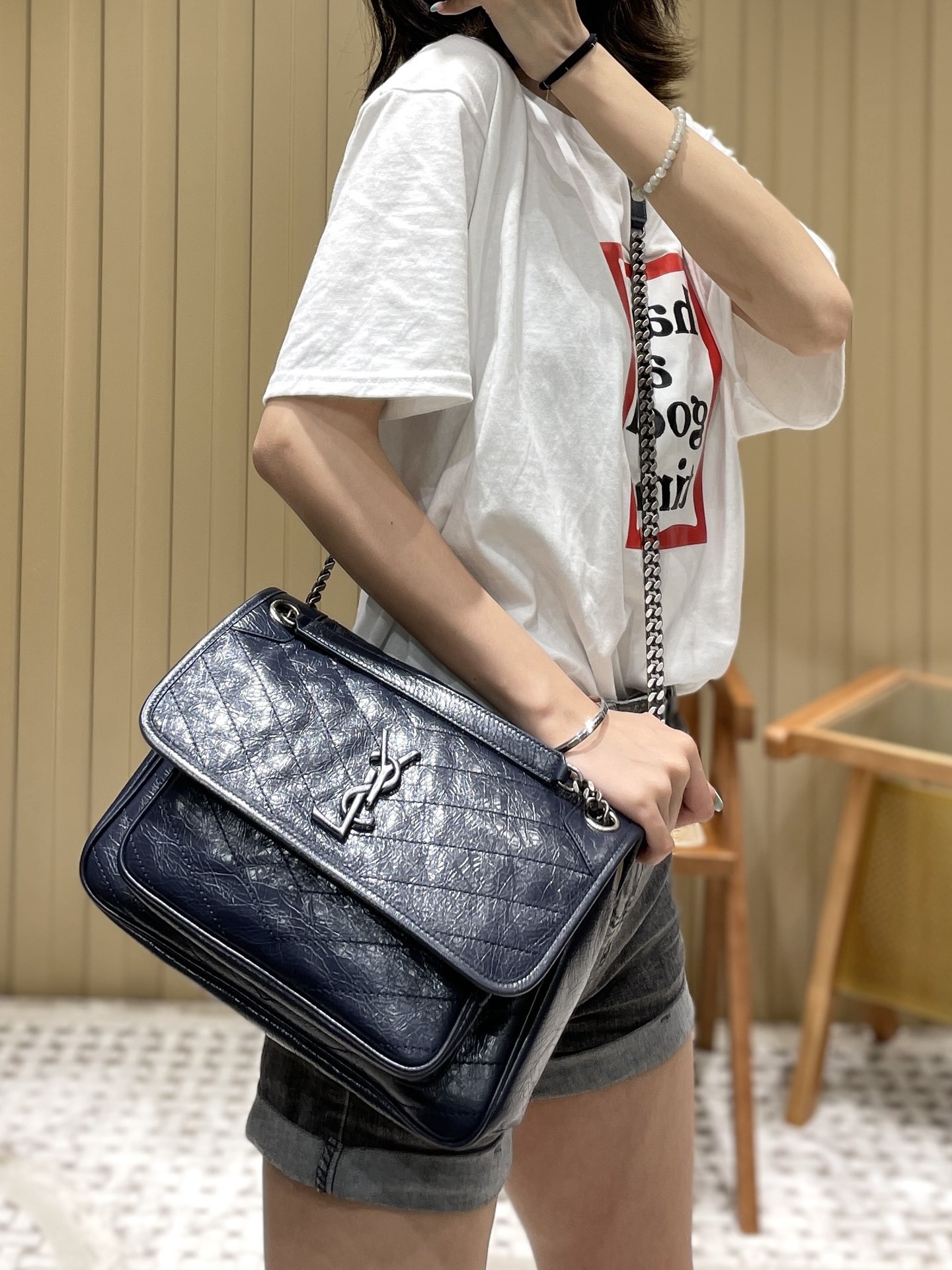 YSL Niki 28CM 邮差包 633158藏蓝色