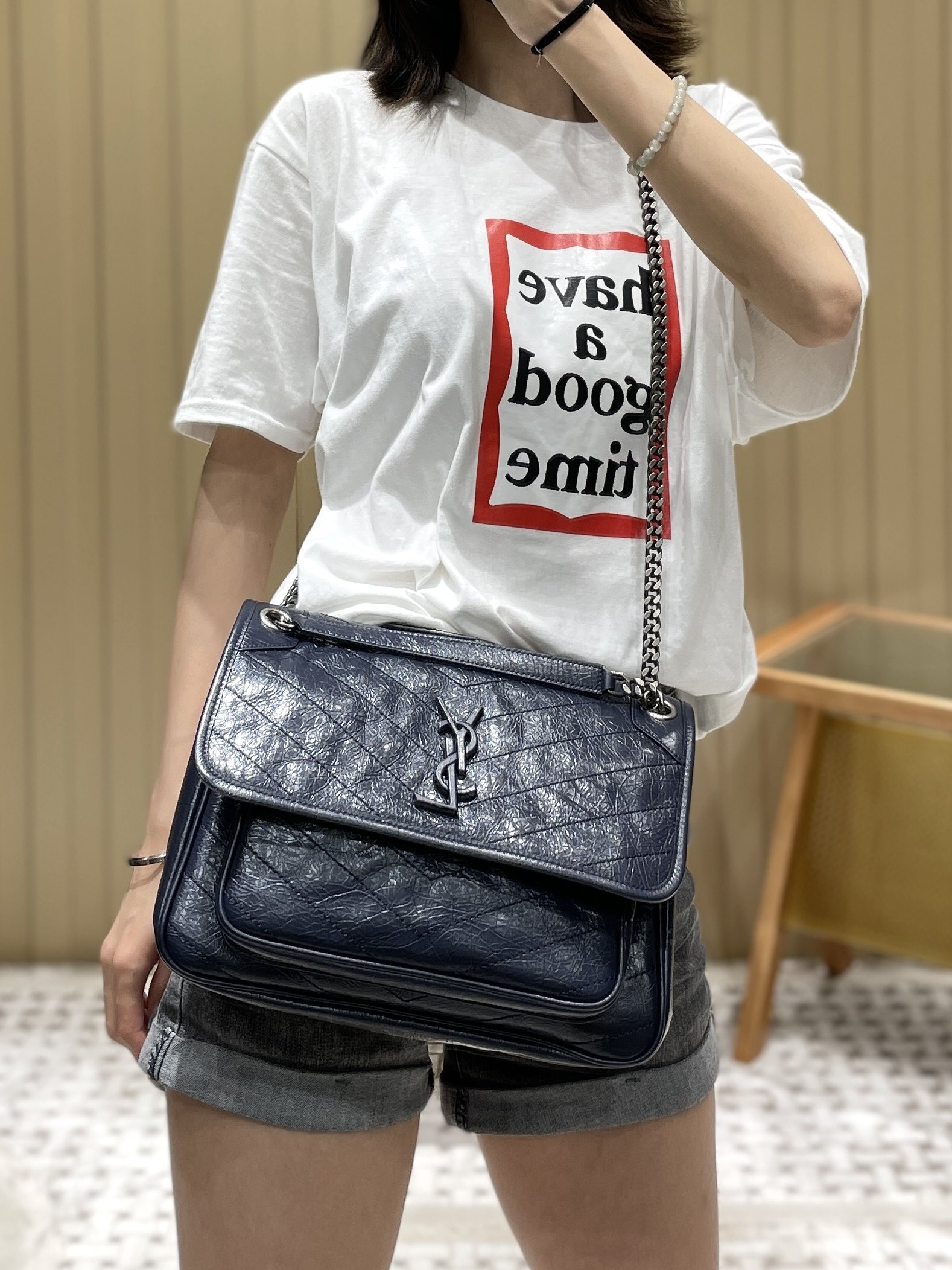 YSL Niki 28CM 邮差包 633158藏蓝色