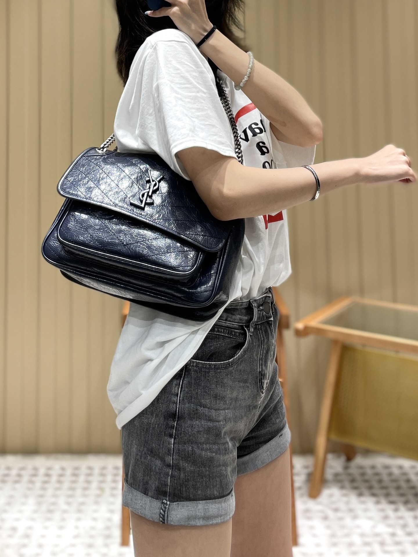 YSL Niki 28CM 邮差包 633158藏蓝色
