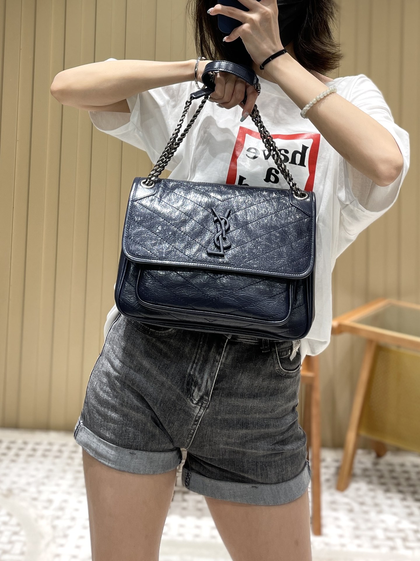 YSL Niki 28CM 邮差包 633158藏蓝色