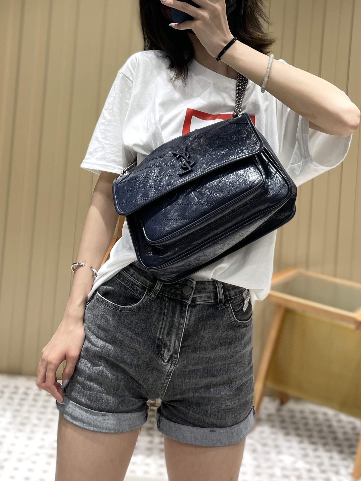 YSL Niki 28CM 邮差包 633158藏蓝色