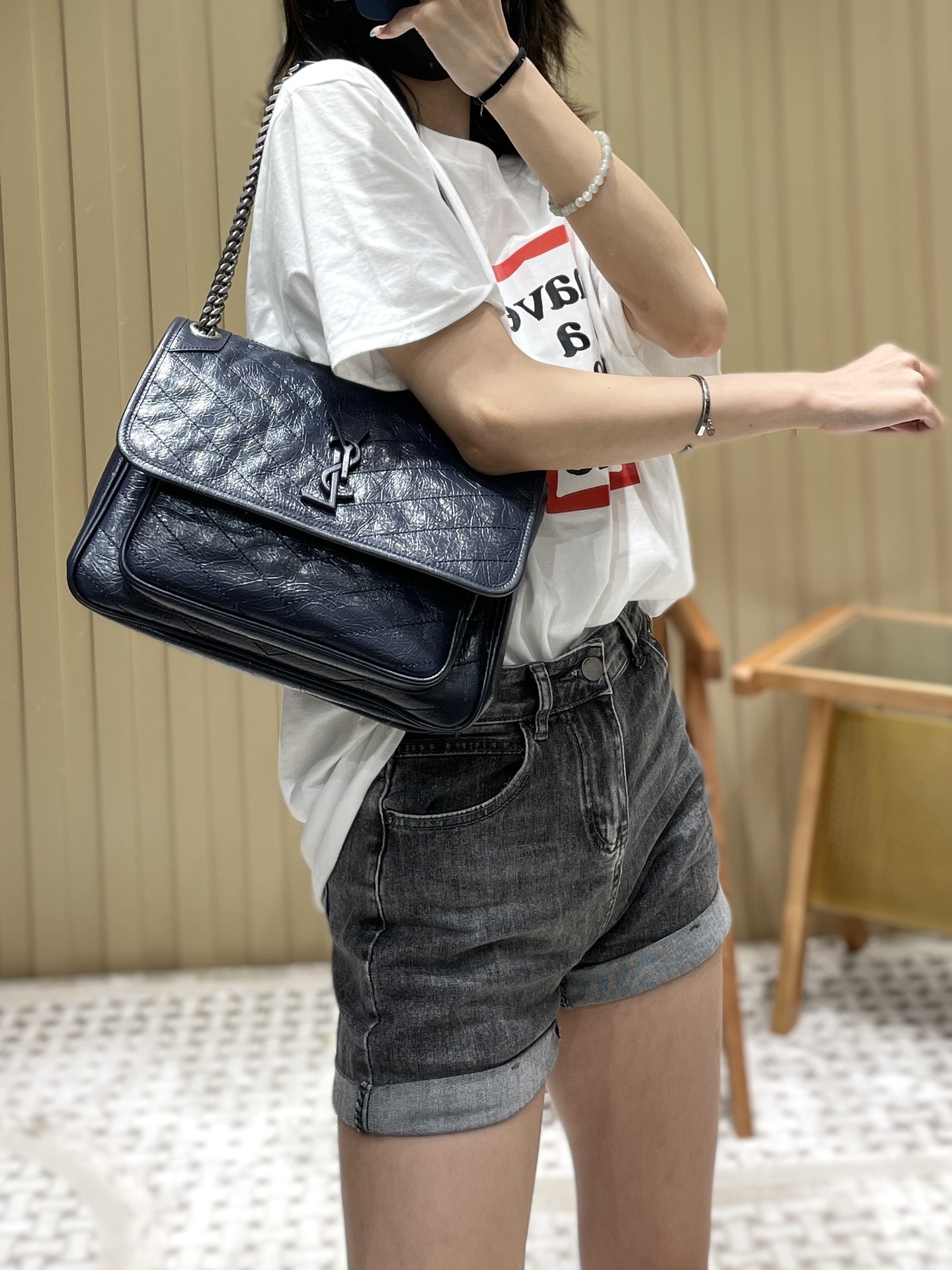 YSL Niki 28CM 邮差包 633158藏蓝色