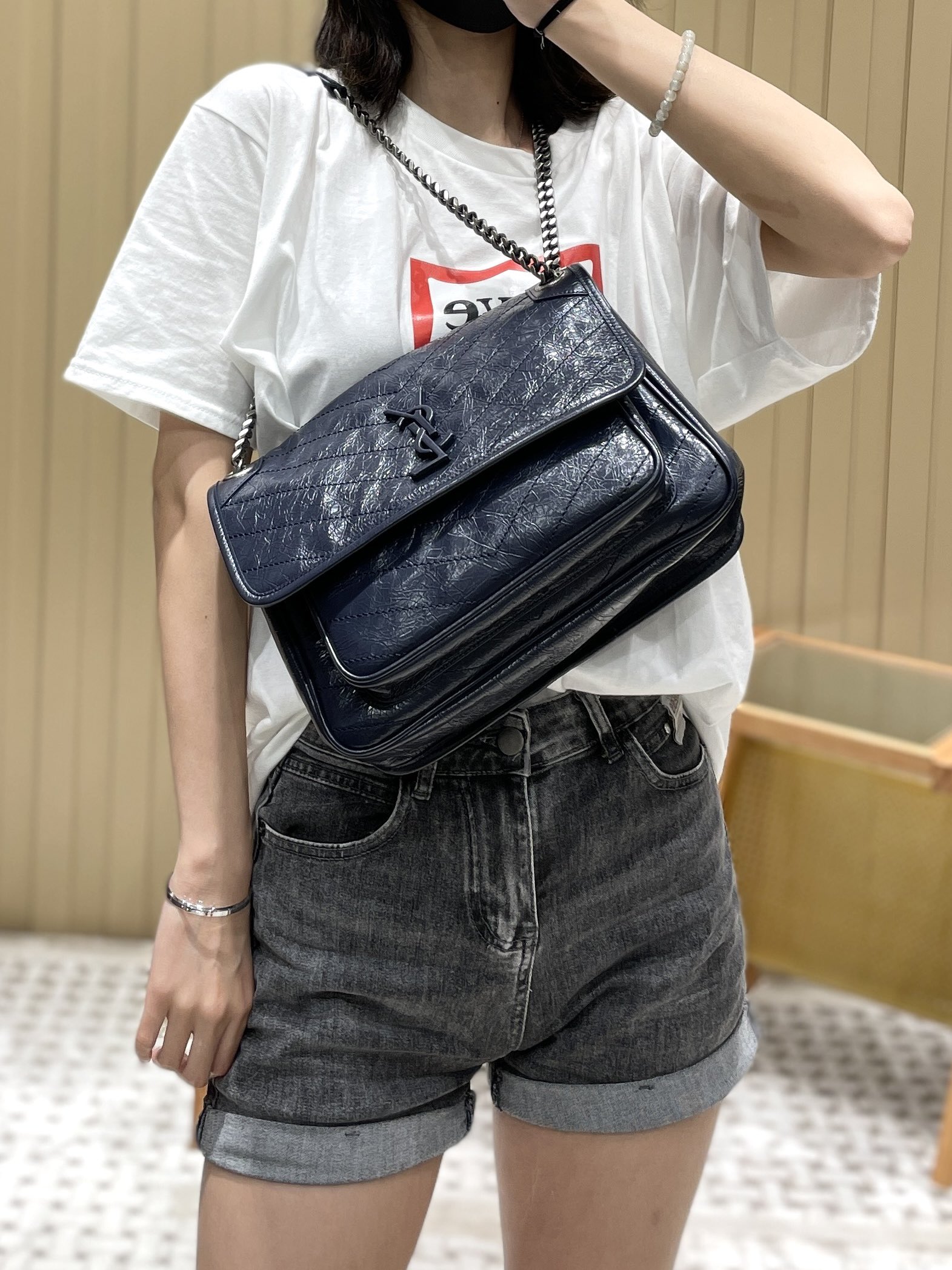 YSL Niki 28CM 邮差包 633158藏蓝色