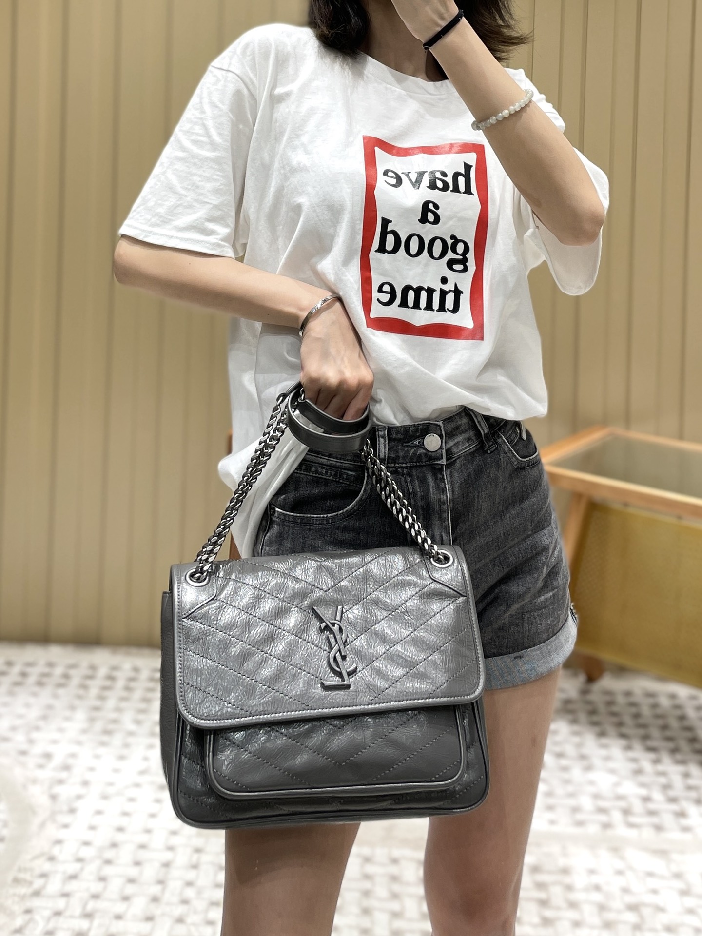 YSL Niki 28CM 邮差包 633158深灰色